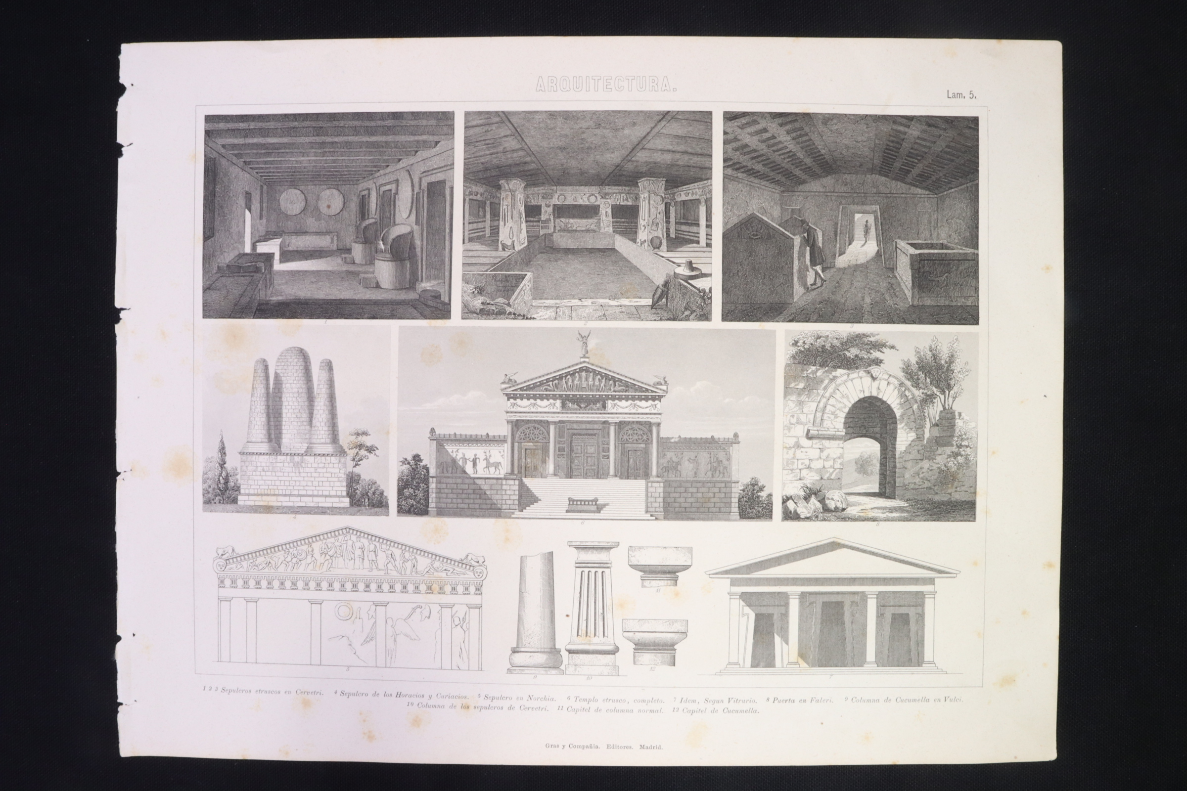 Antiques - ENGRAVING ARCHITECTURE 5 GRAS. SEPULCHRES, CAPITALS.