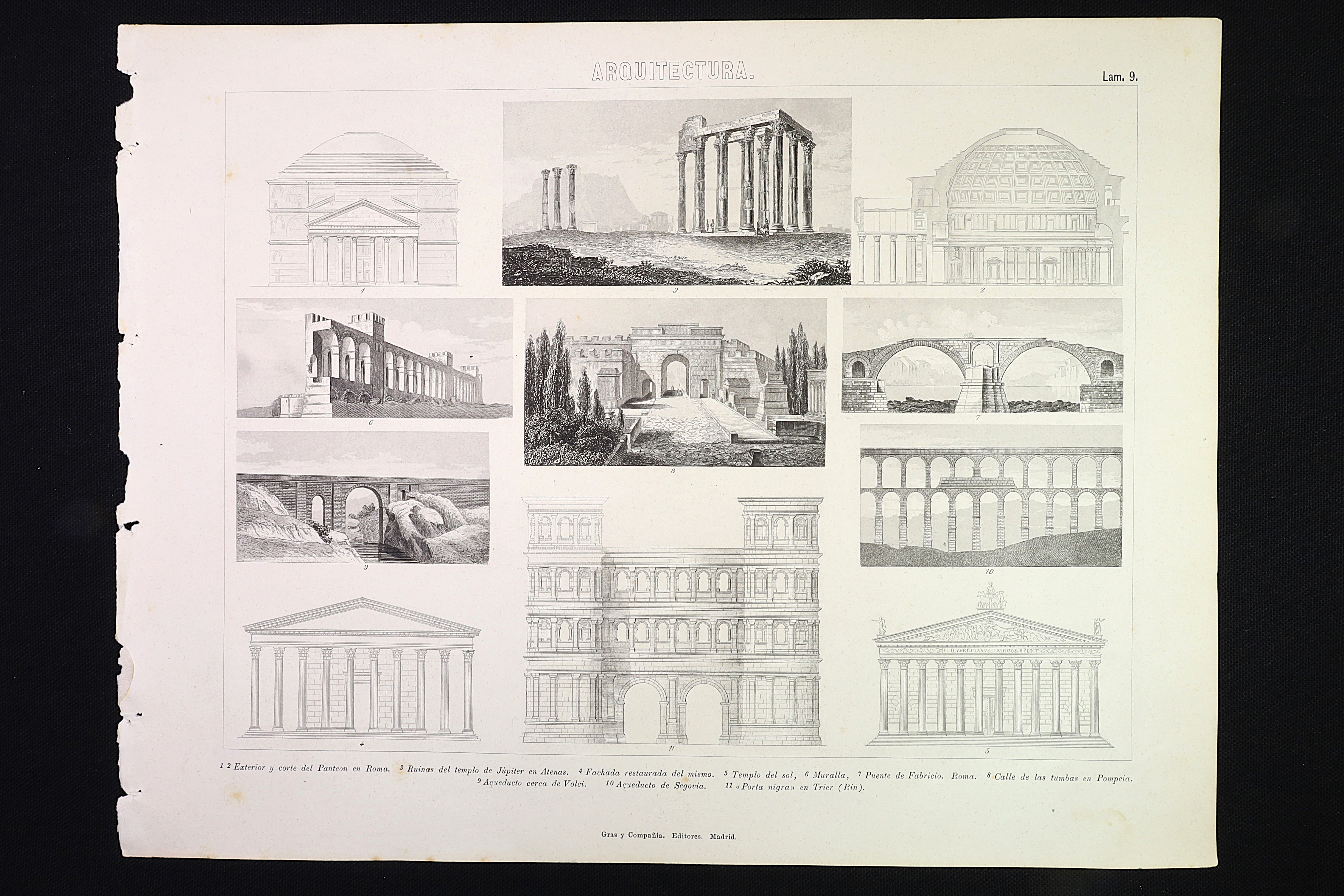 Antiques - ENGRAVING ARCHITECTURE 9. PANTHEON ROME, SEGOVIA AQUEDUCT, CITY WALL, ETC
