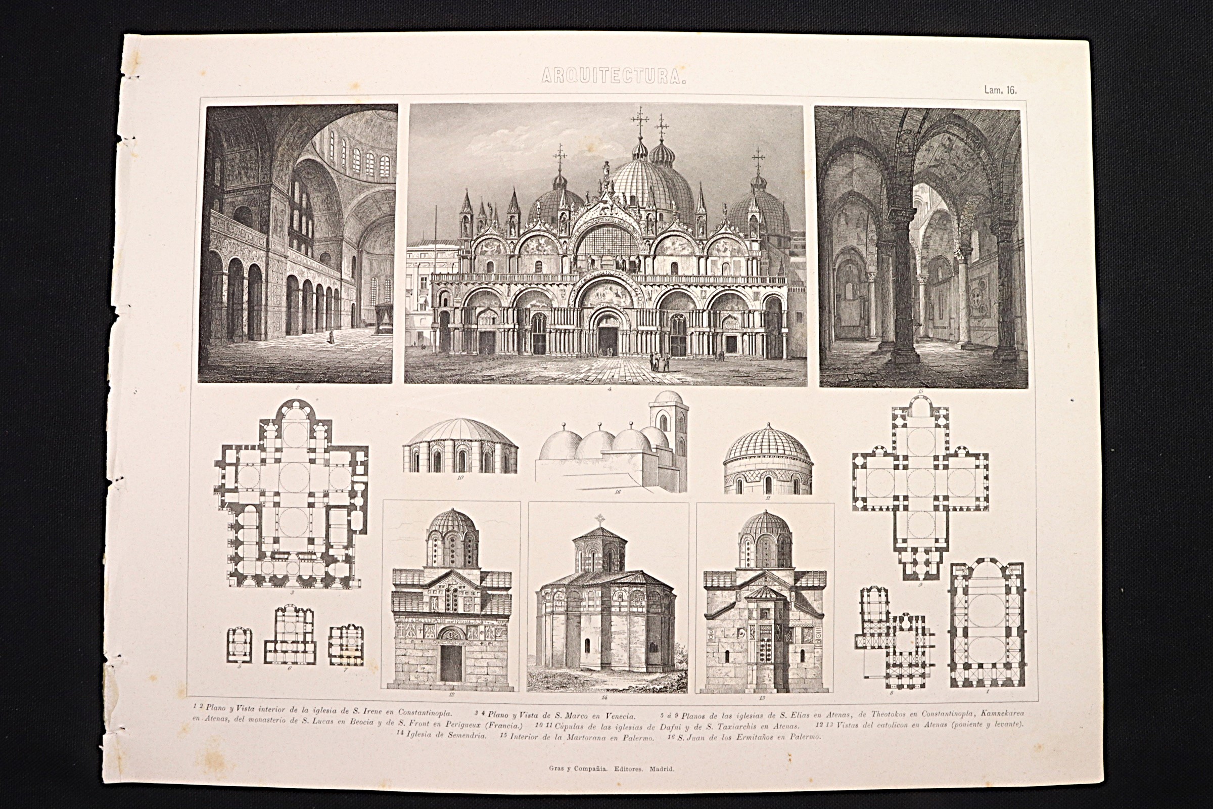 Antiguedades - GRABADO ARQUITECTURA 16. SANTA IRENE CONSTANTINOPLA. SAN MARCO VENECIA.