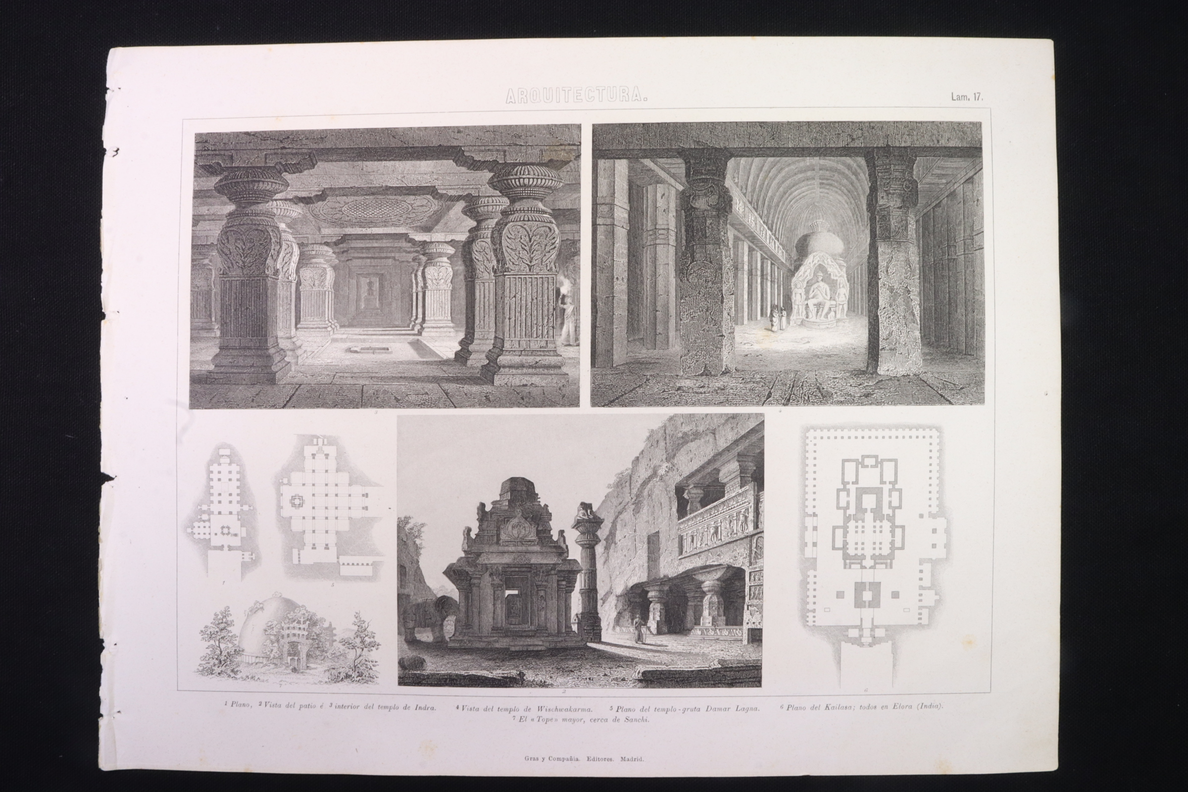 Antiguedades - GRABADO ARQUITECTURA 17. TEMPLOS EN INDIA, INDRA Y ELORA.