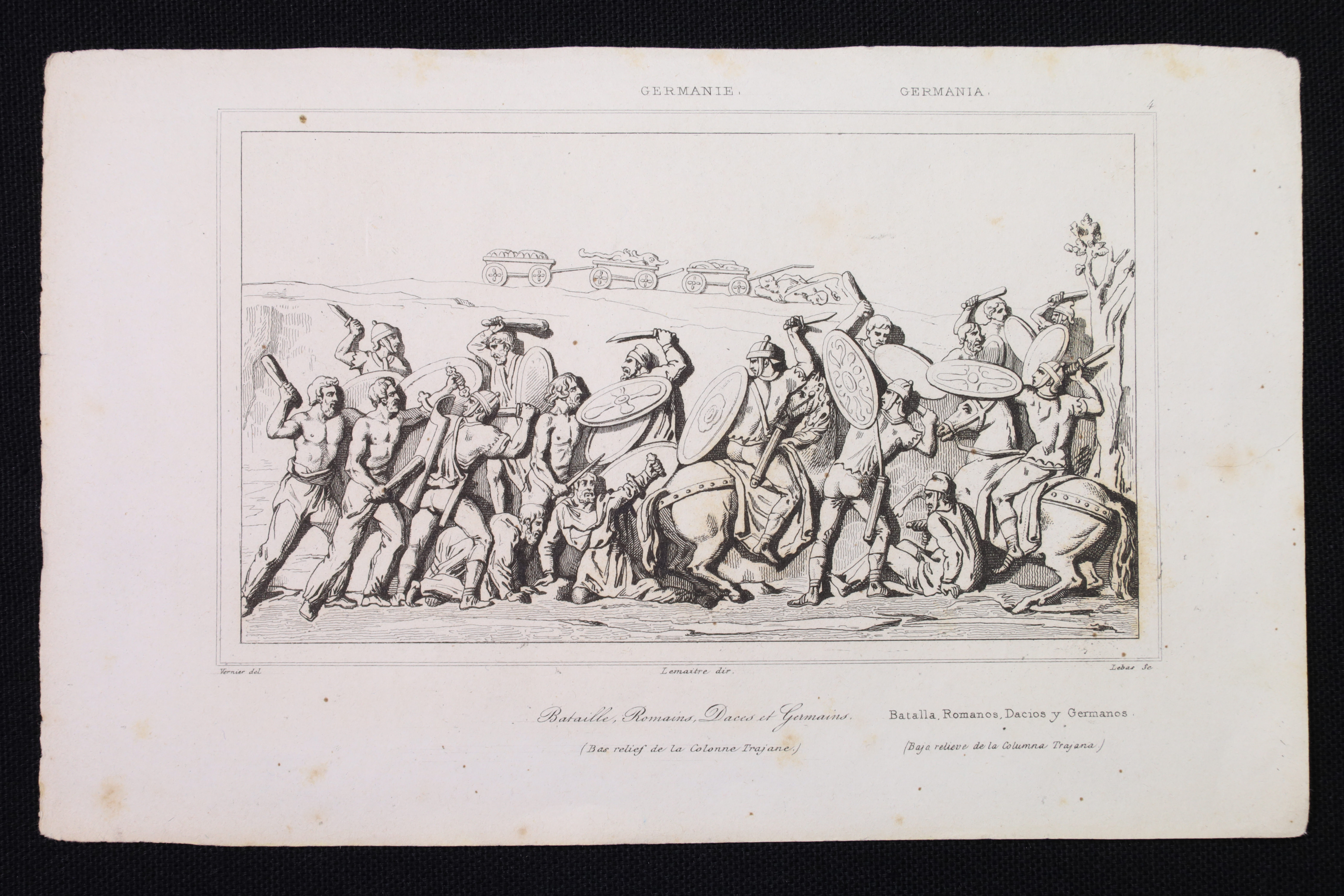 Antiguedades - GRABADO BATALLA ENTRE ROMANOS, DACIOS Y GERMANOS. GERMANIA.