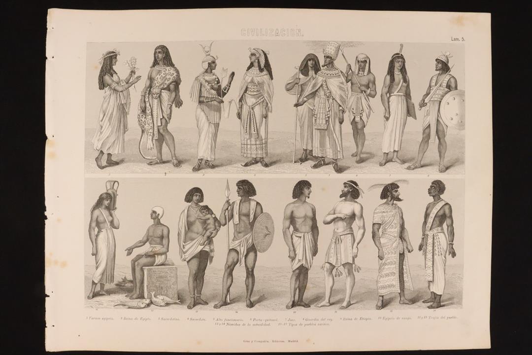 Antiguedades - GRABADO CIVILIZACIÓN LÁMINA 5 GRAS Y Cª. PERSONAJES DE EGIPTO. (T)
