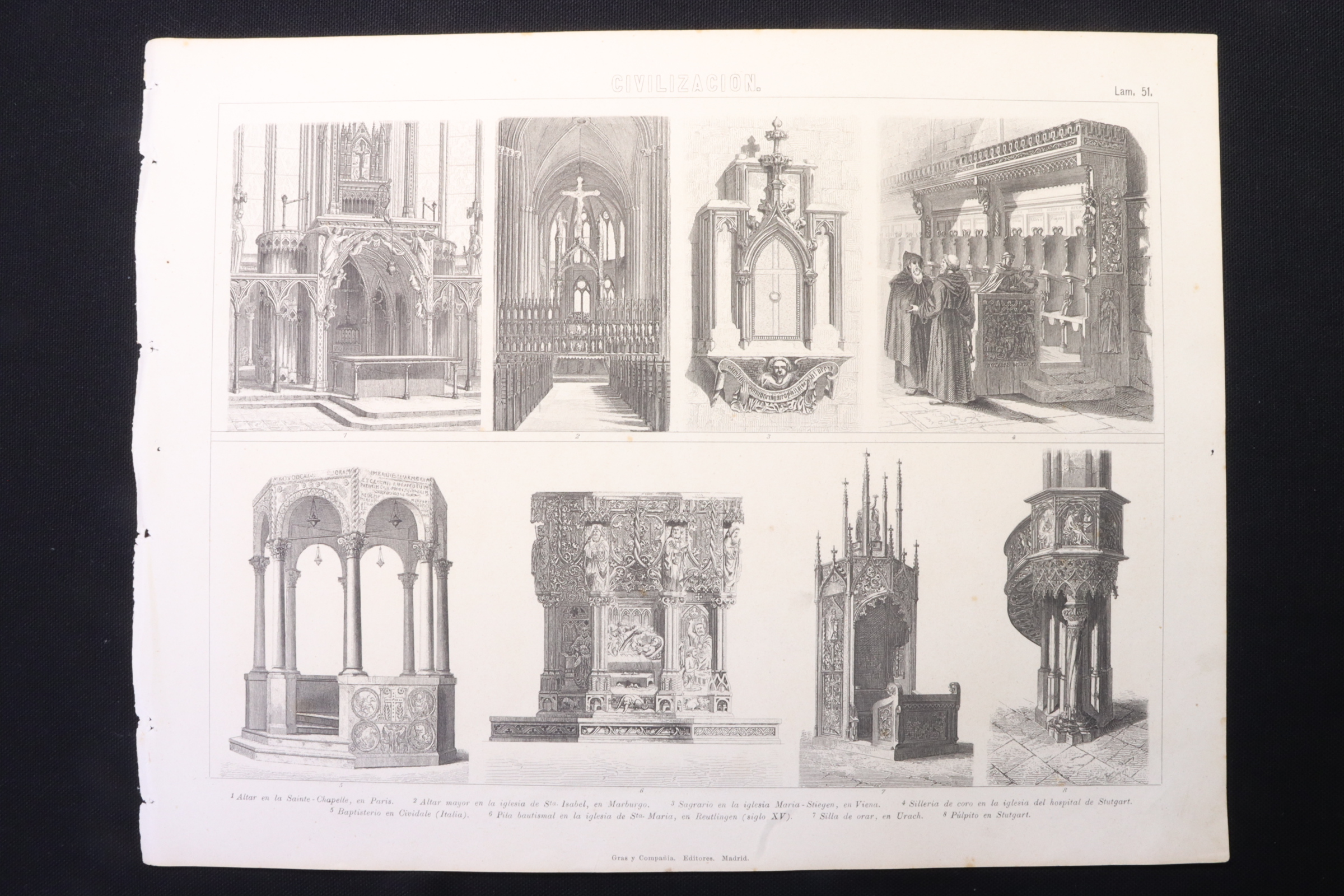 Antiques - ENGRAVING CIVILIZACIÓN 51 GRAS Cª. ALTAR, BAPTISMAL FONT, PULPIT, ETC