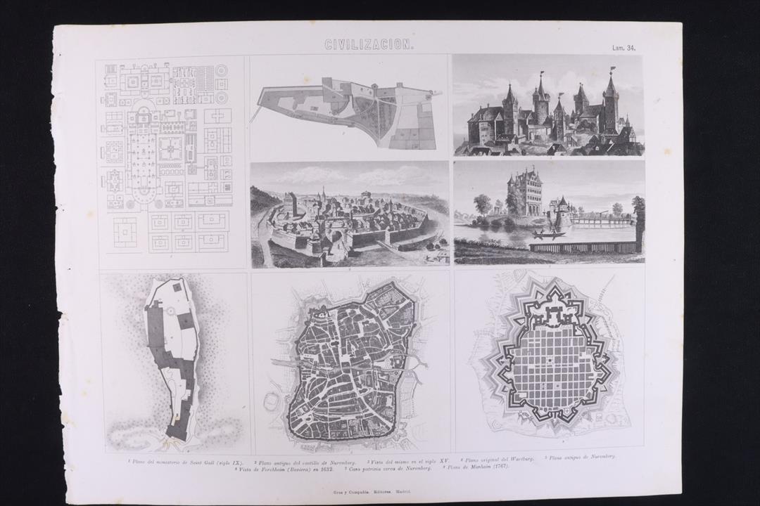 Antiguedades - GRABADO CIVILIZACIÓN 34 GRAS. Cª. CASTILLO NUREMBERG. WARTBURG. (T)