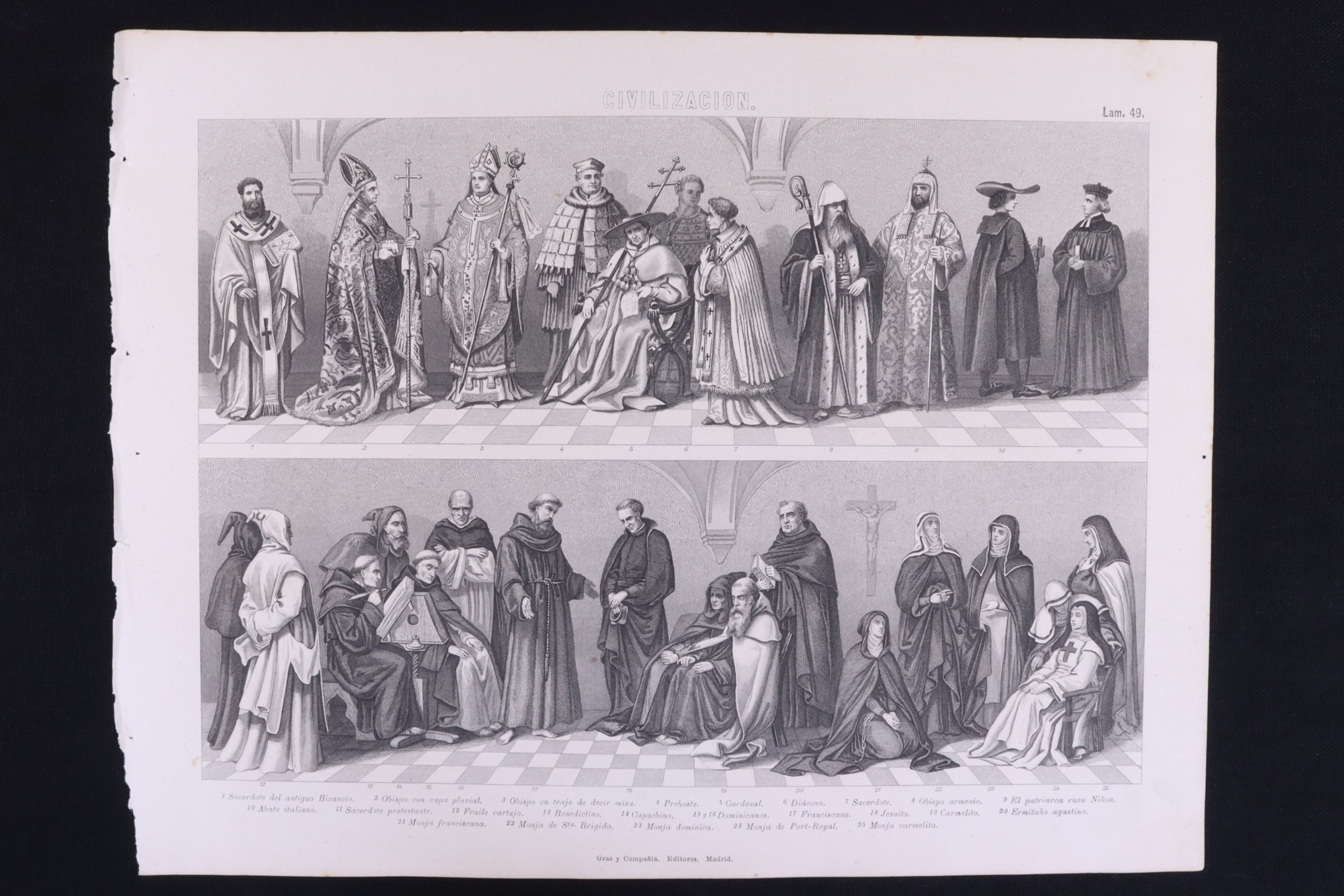 Antiques - ENGRAVING CIVILIZATION 49 GRAS Cª RELIGIOUS, DEACON, NUNS, PRIESTS, JESUITS, ETC.