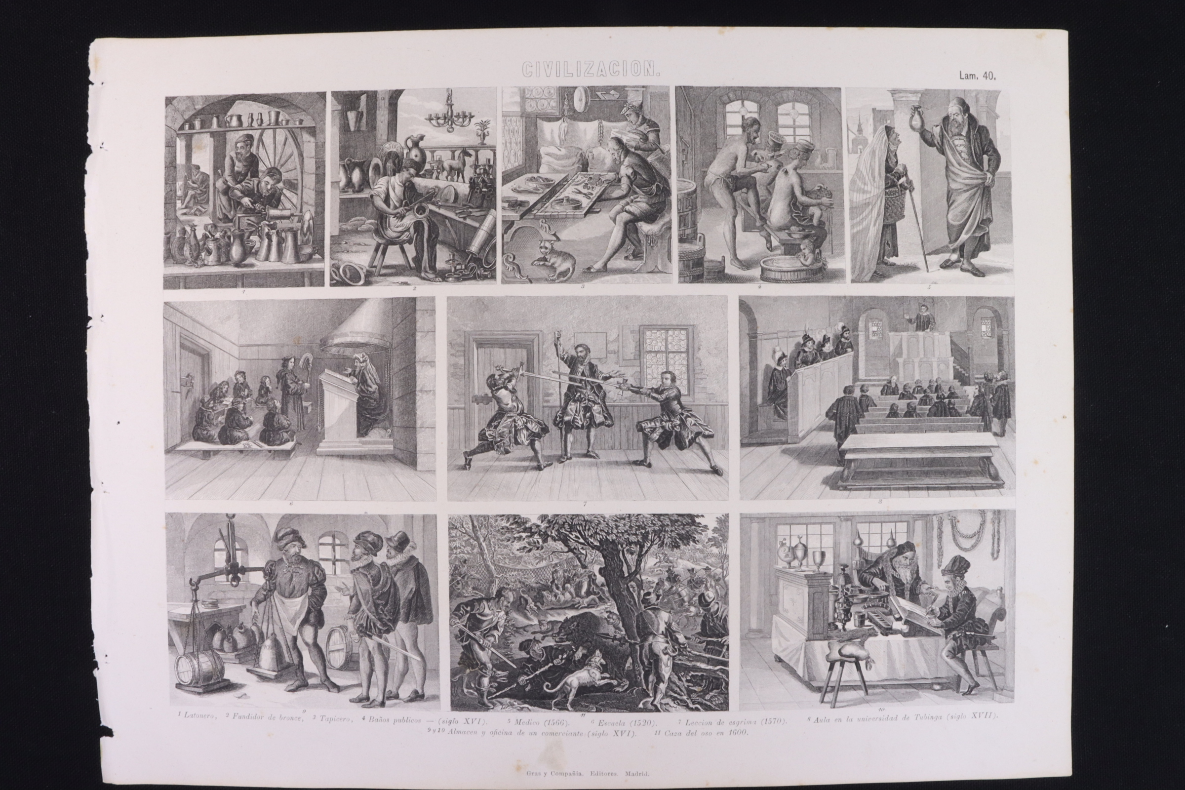 Antiques - ENGRAVING CIVILIZATION 40 GRAS Cª. ANTIQUE ROOMS. UPHOLSTERER, SCHOOL, DOCTOR, ETC. SXVI.