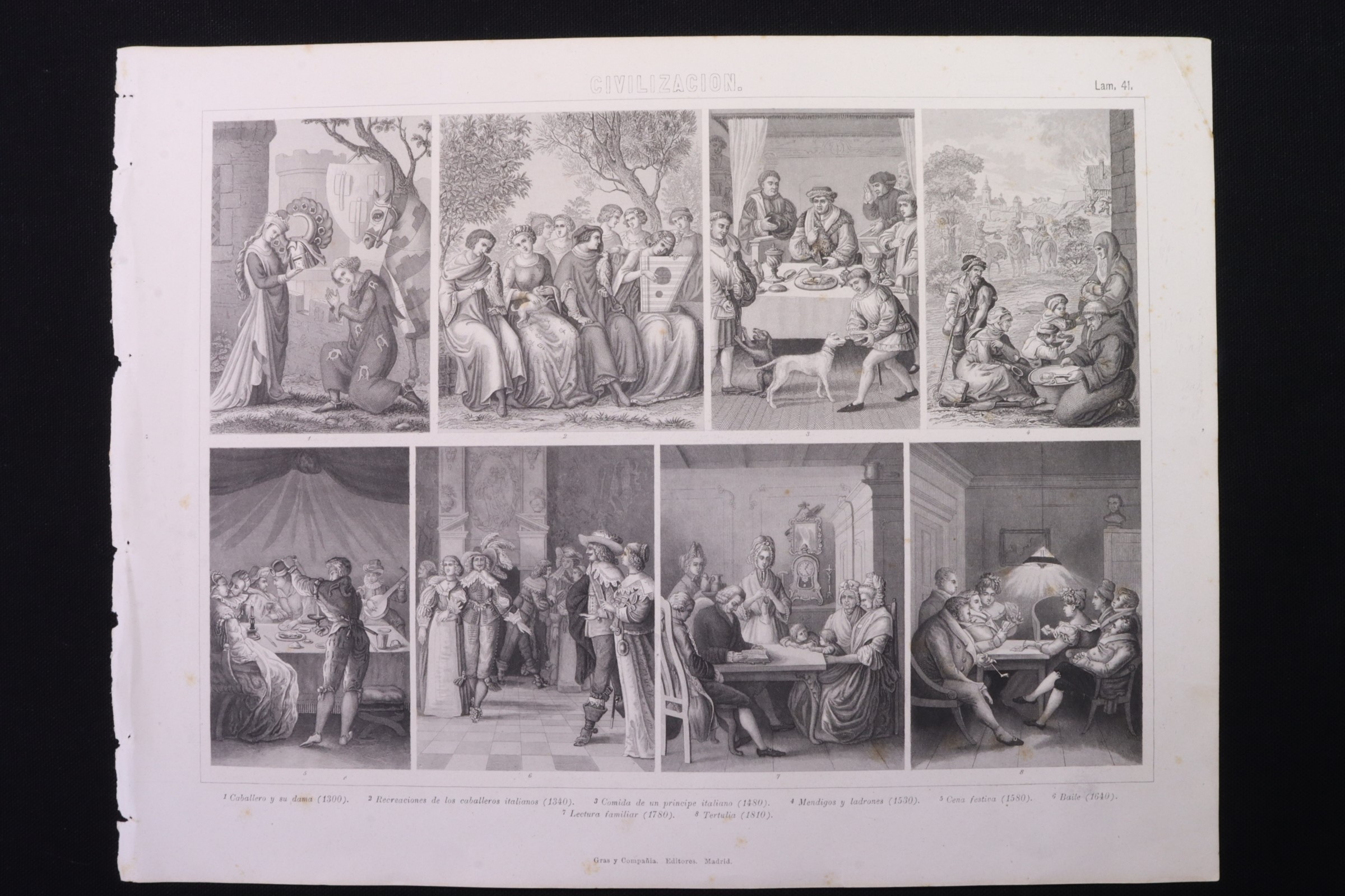 Antiques - ENGRAVING CIVILISATION 41 GRAS Cª. BEGGARS AND THIEVES IN 1530. DANCE 1640. GATHERING 1810.