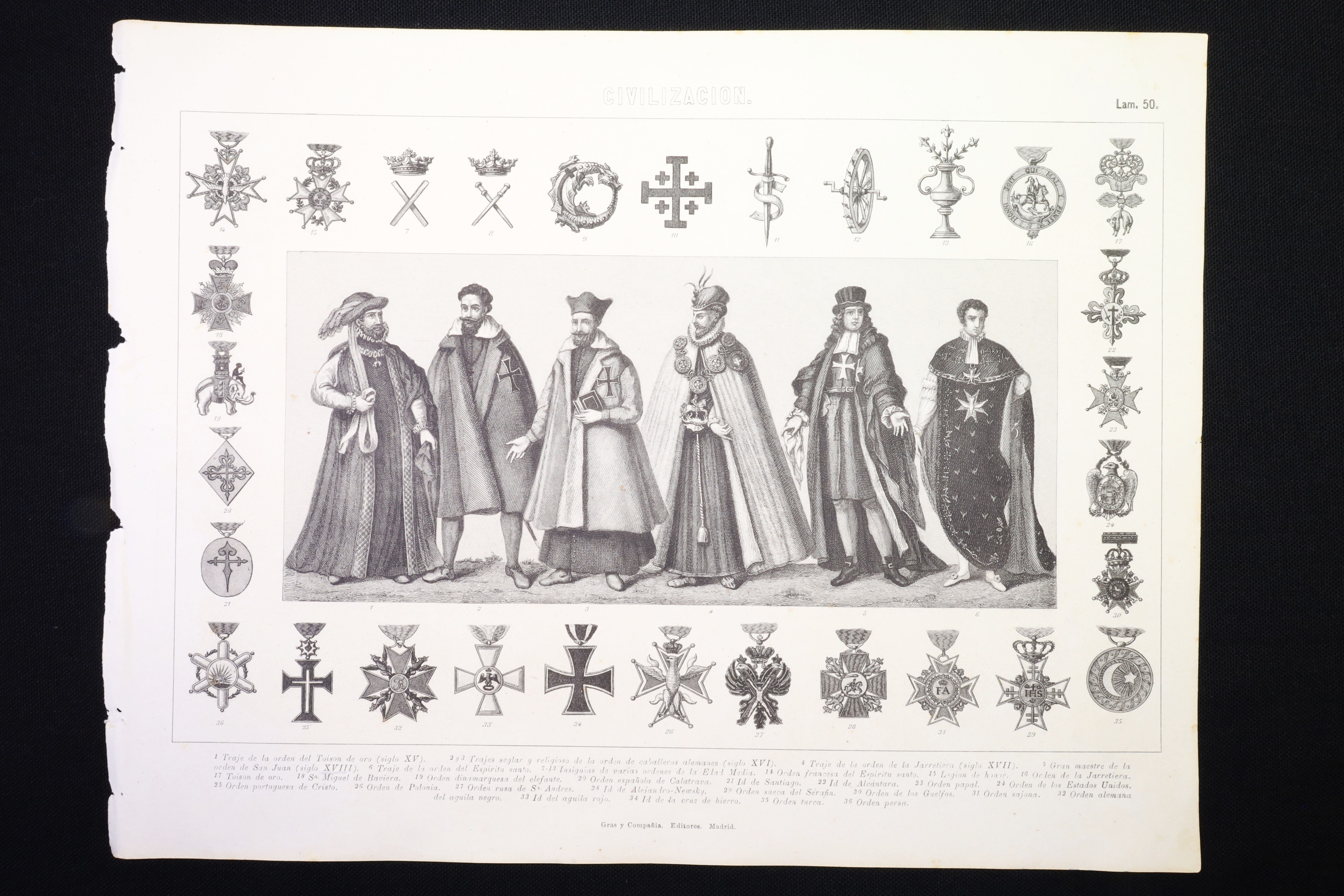 Antiques - ENGRAVING CIVILIZATION 50. INSIGNIA AND COSTUMES OF ANCIENT ORDERS. TOISON, SERAPHIM, JARRETIERA, ETC.