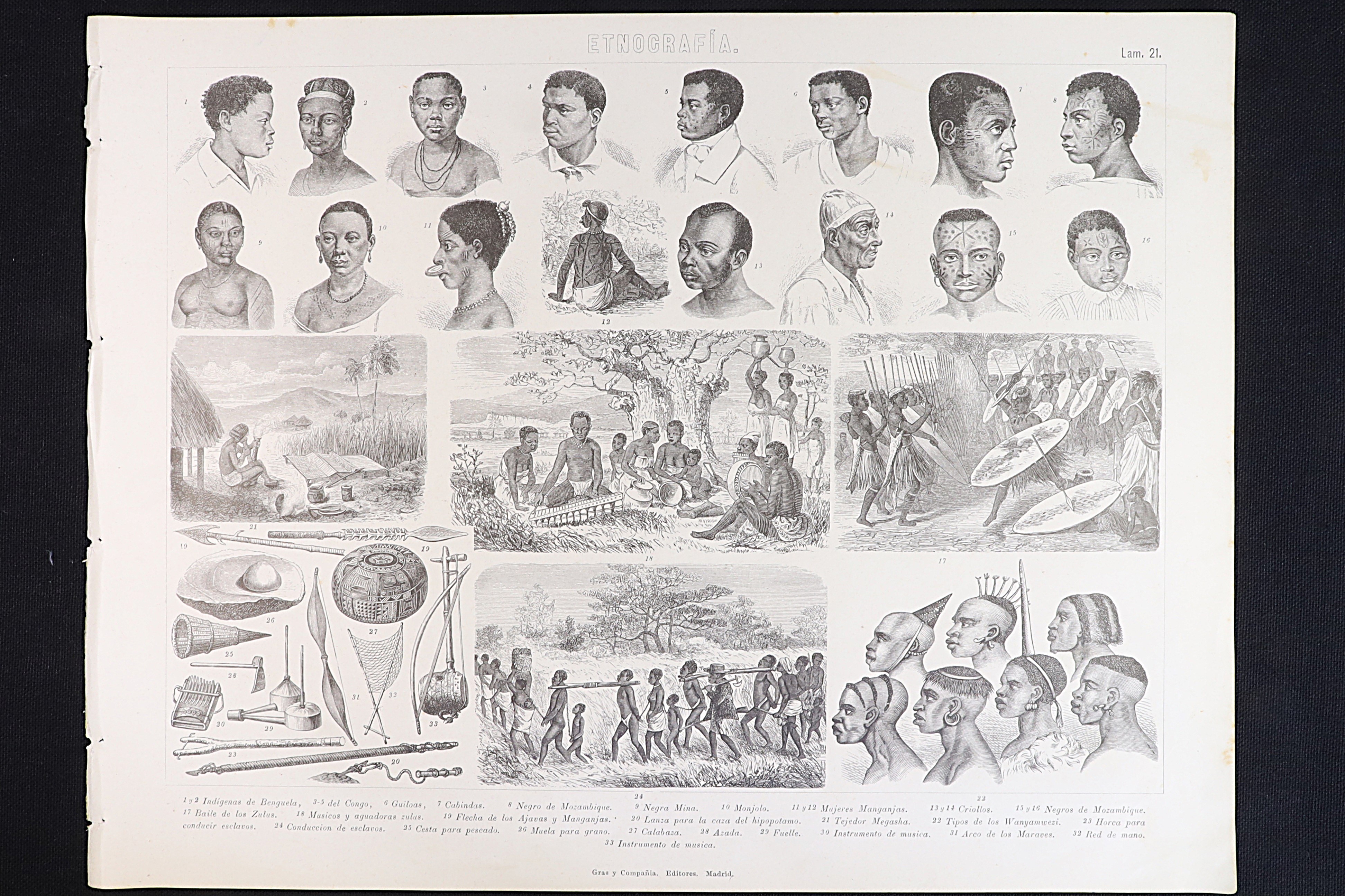 Antiques of ethnography engraving 21 creoles zulus mozambique