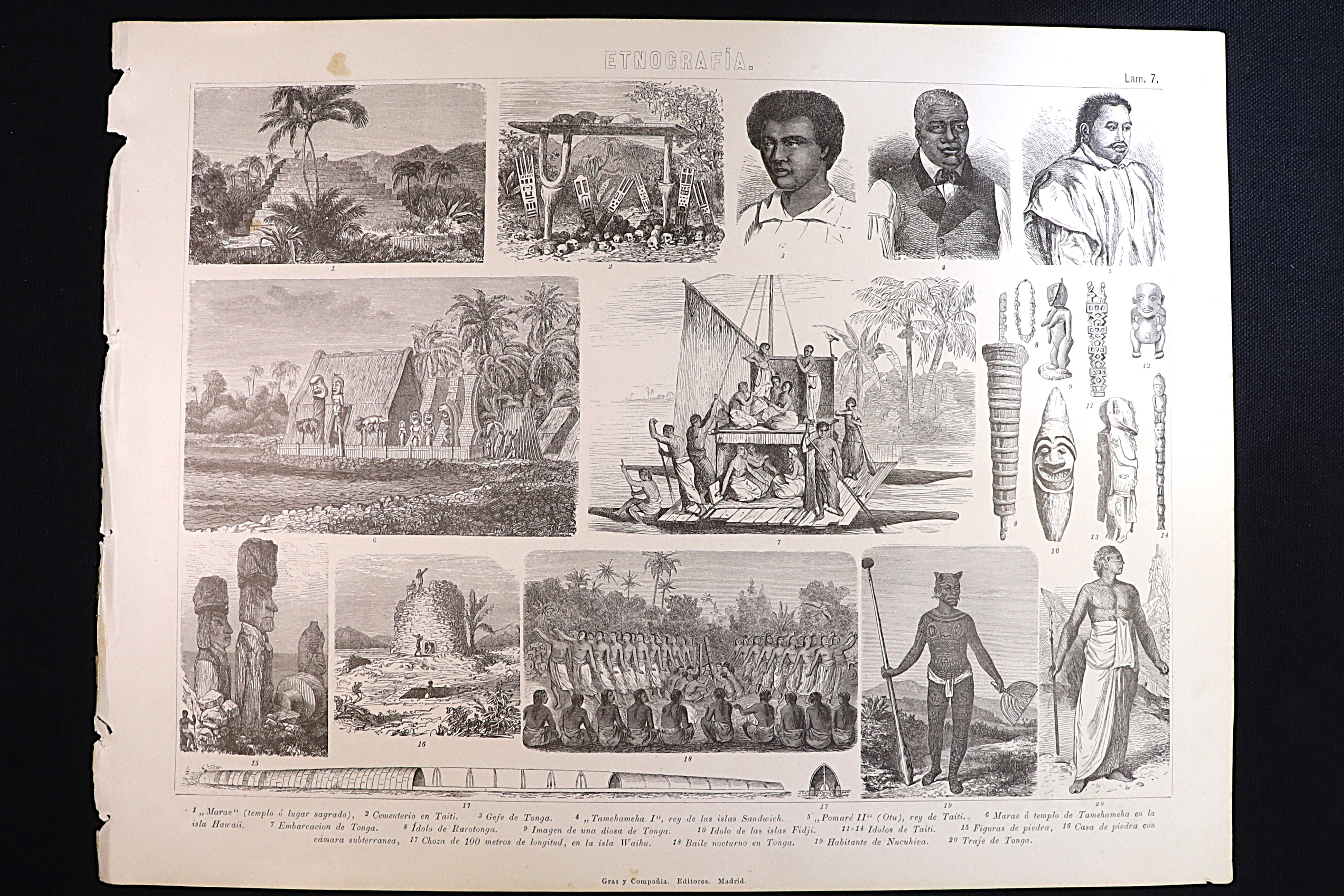 Antiques of ethnography engraving 7 fidji taiti hawaii tonga