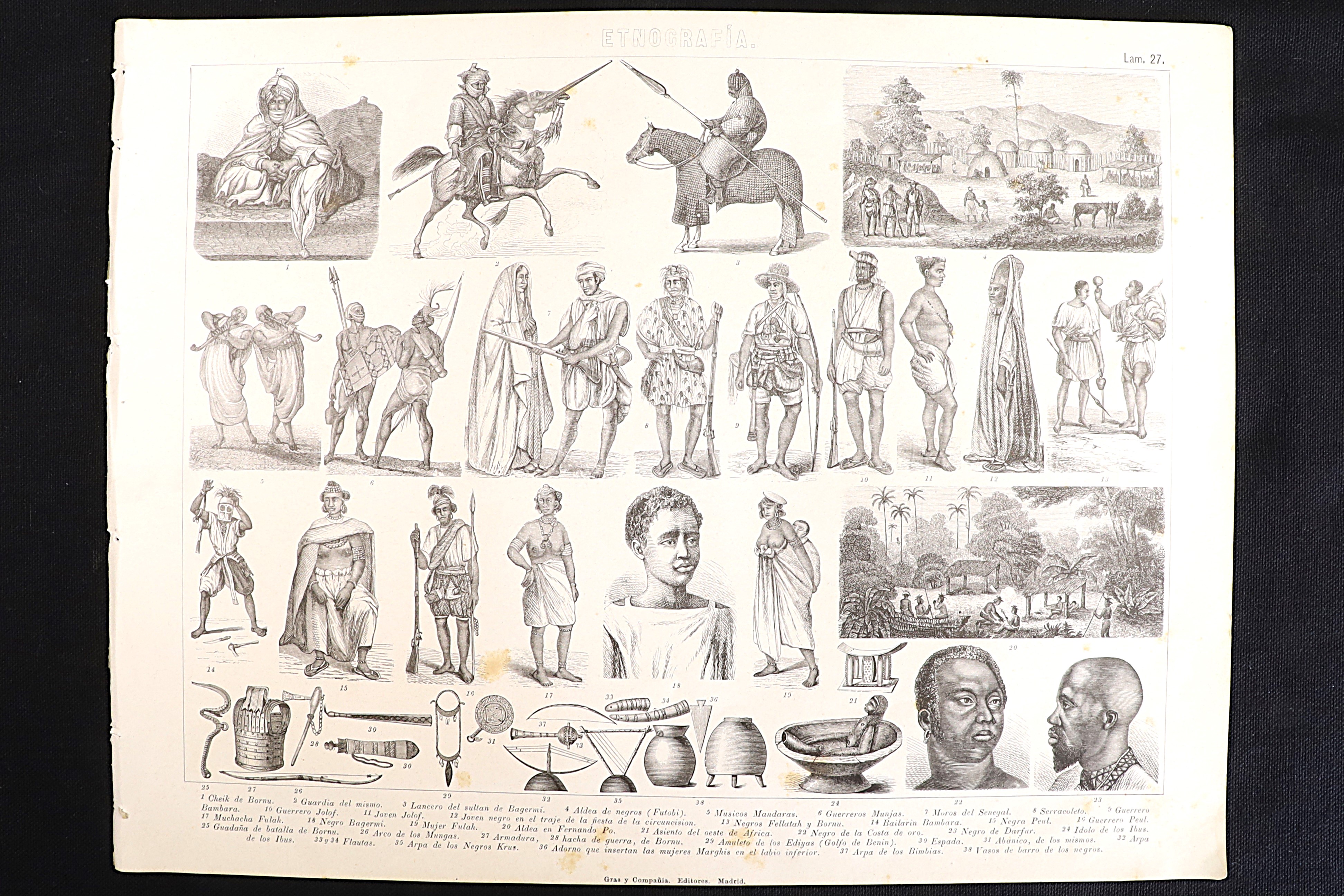 Antiques of ethnographic print 27 african warriors sheikh of bornu munjas jolof