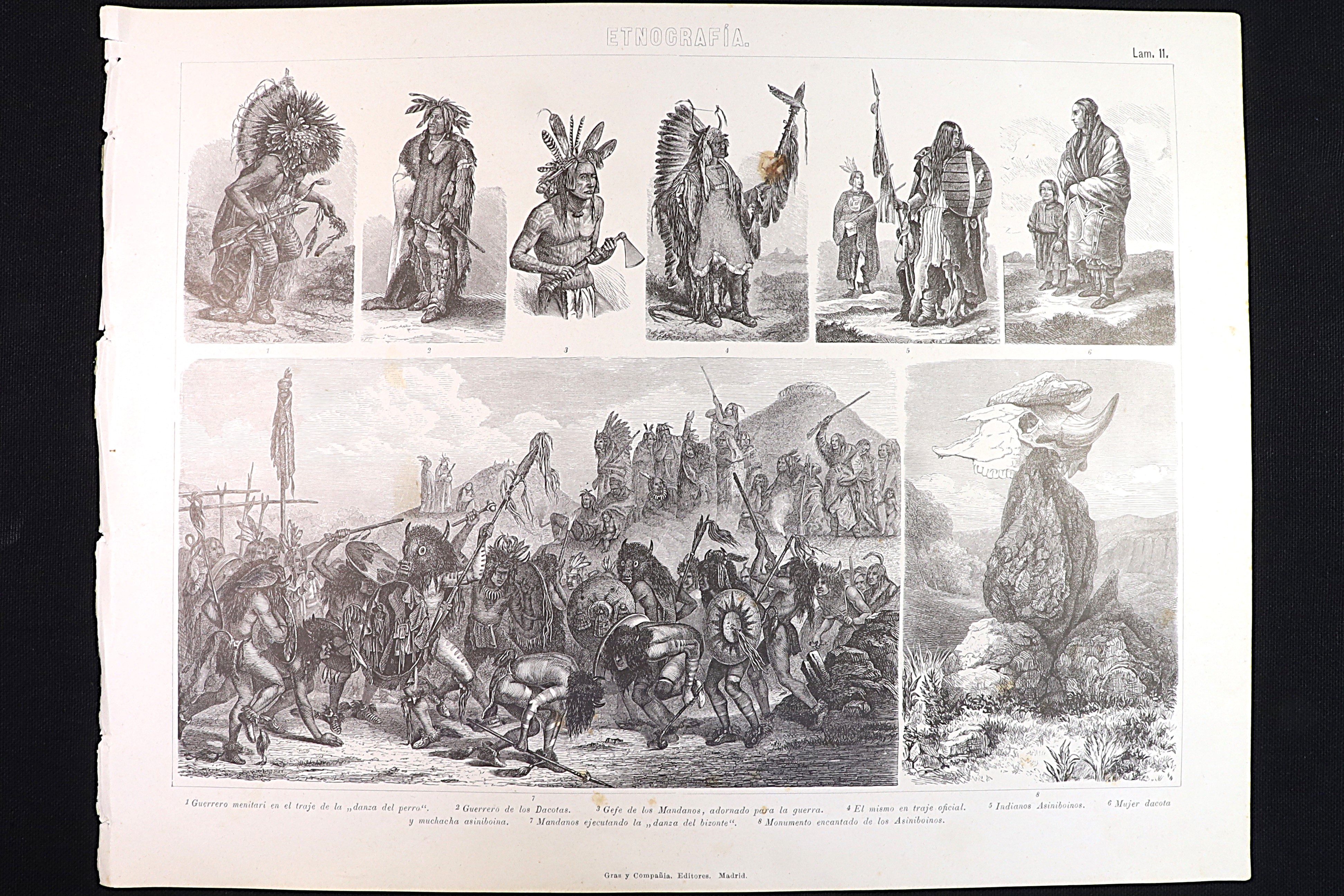 Antiques of ethnographic engraving 11 dacota asiniboin and mandano warriors