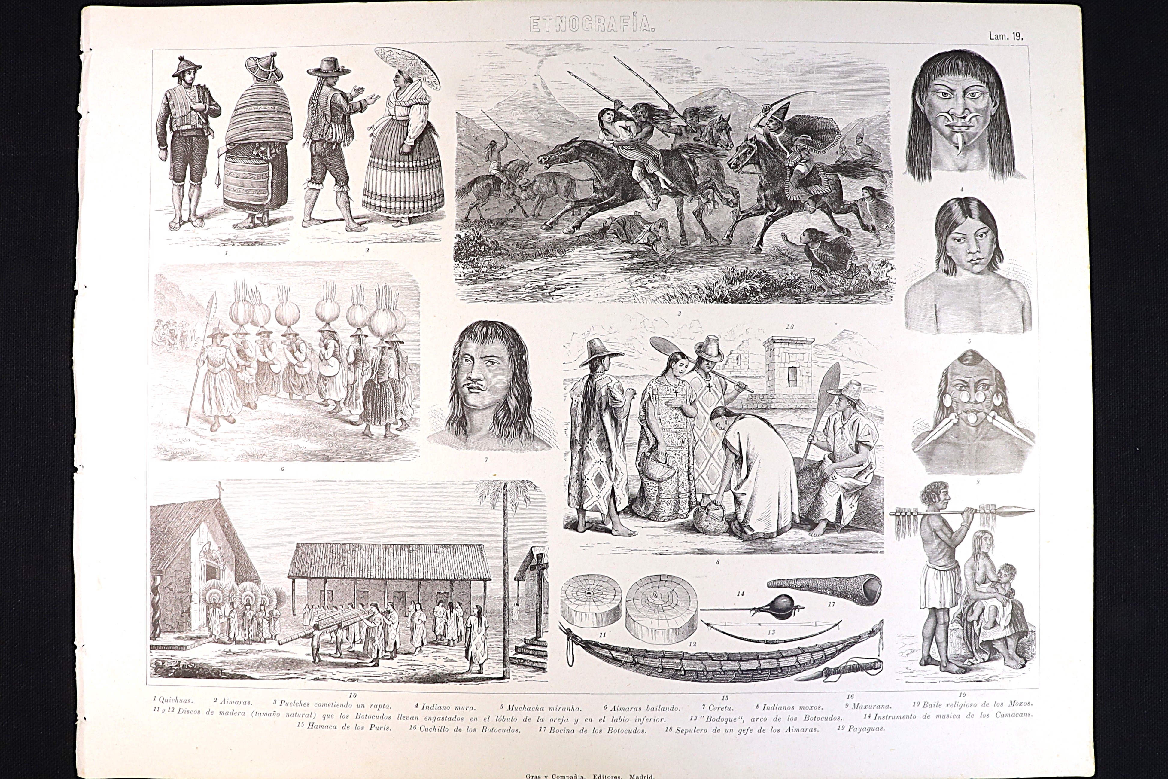 Antiques of ethnographic print 19 quichua puelche moxos payaguas