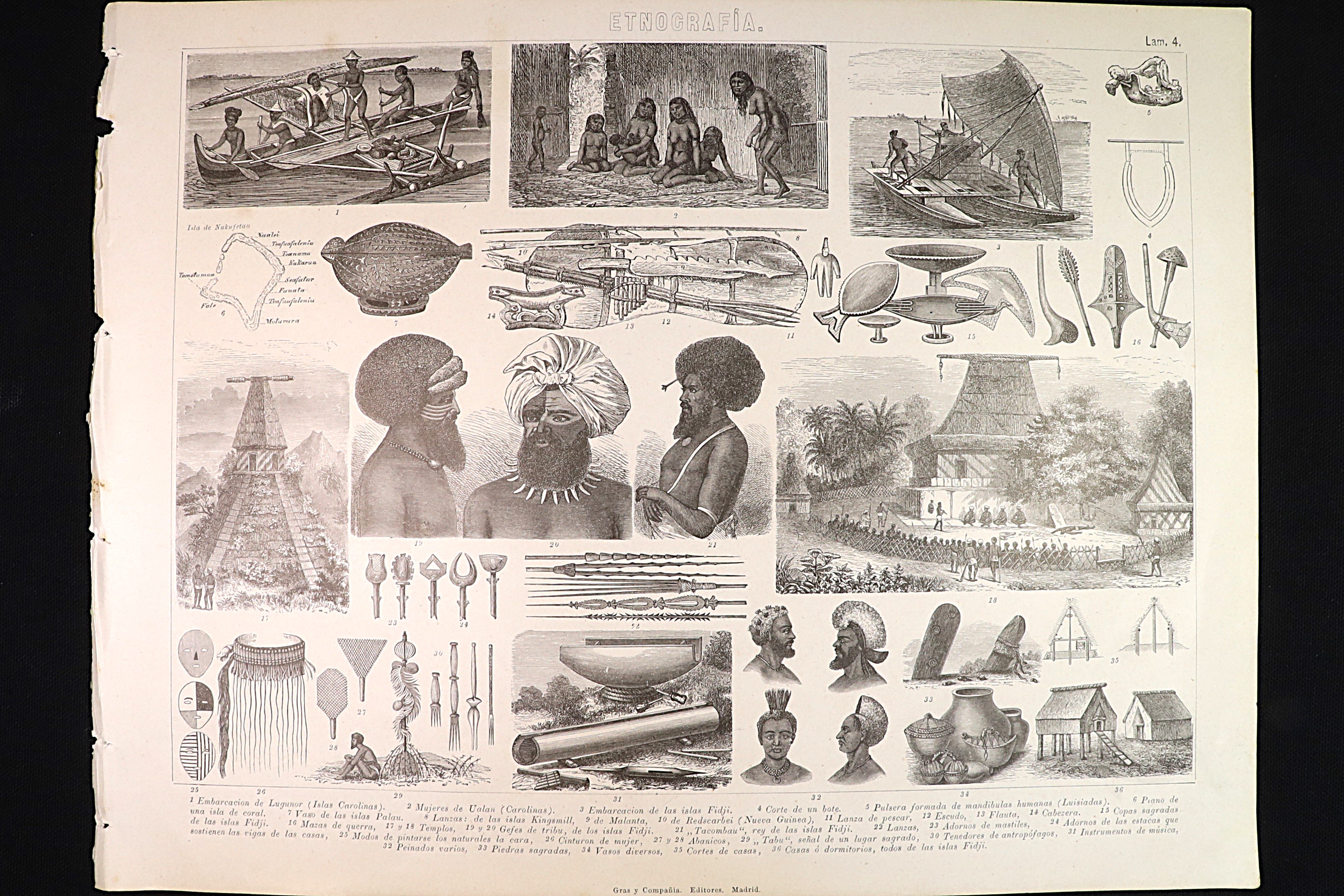 Antiques of ethnography engraving 4 tacombau fiji islands ualan nukufetau island