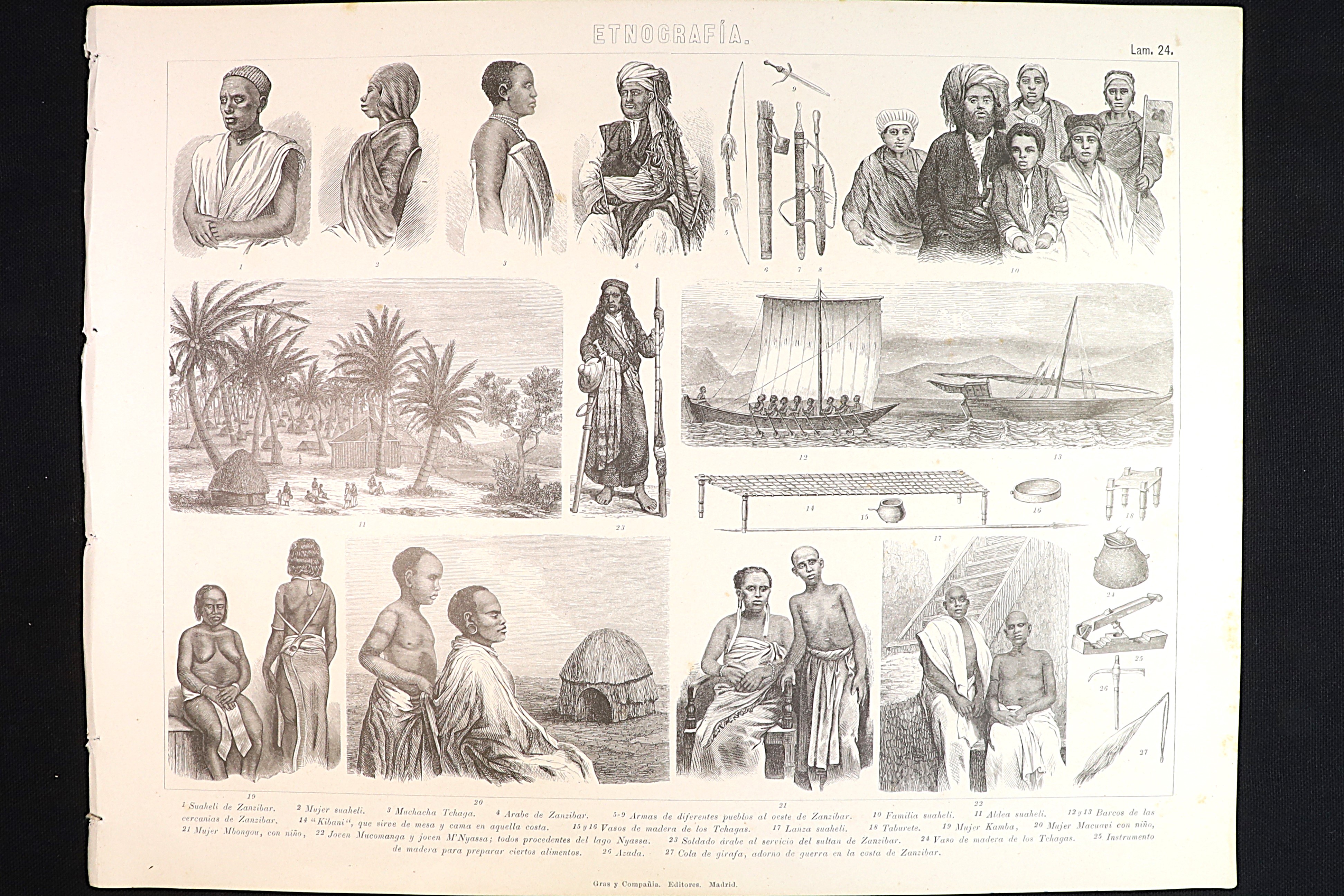 Antiques of ethnographic print 24 african tribes swaheli kamba mbongou