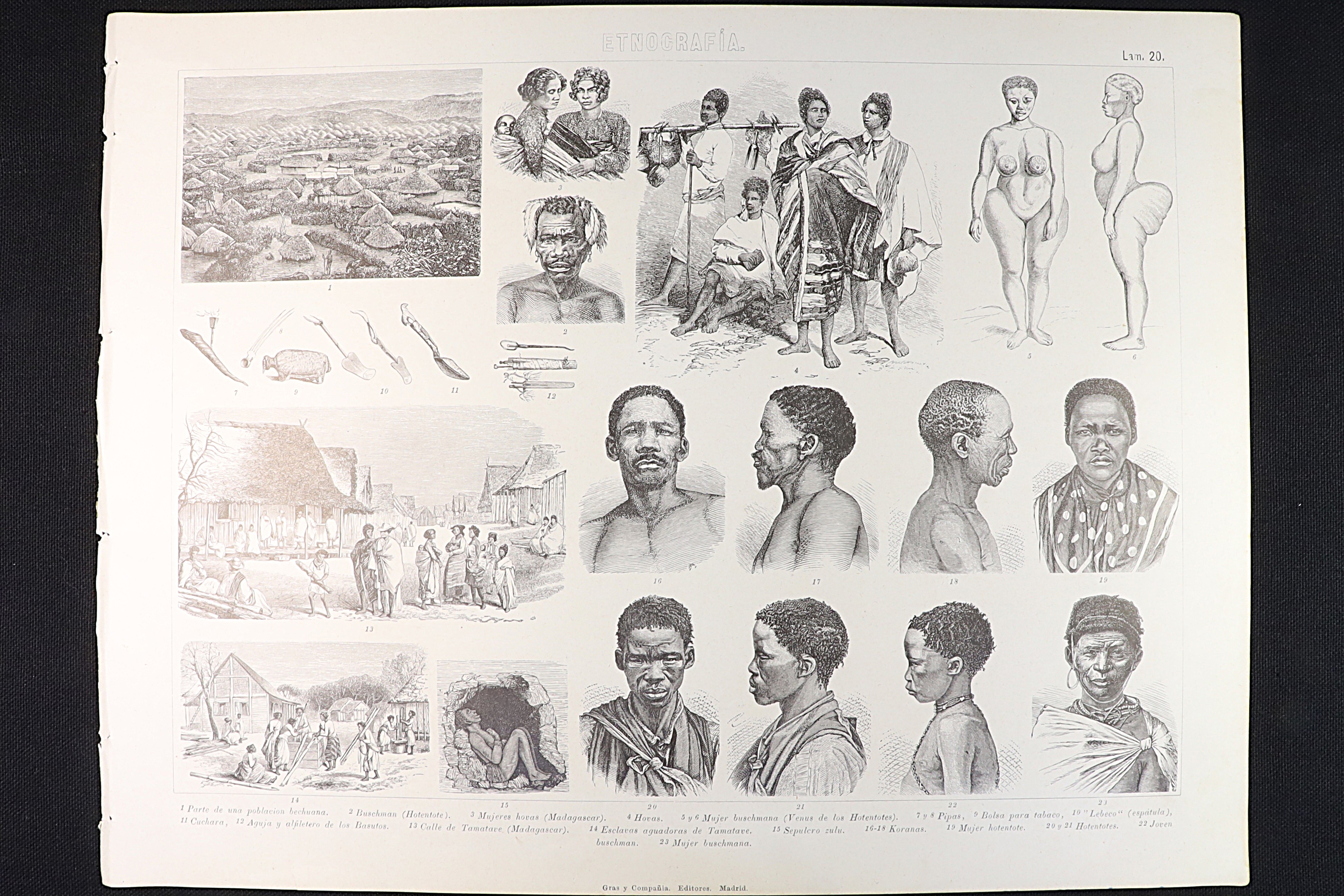Antiques of ethnography engraving 20 african tribes zulus buchman hovas korowai
