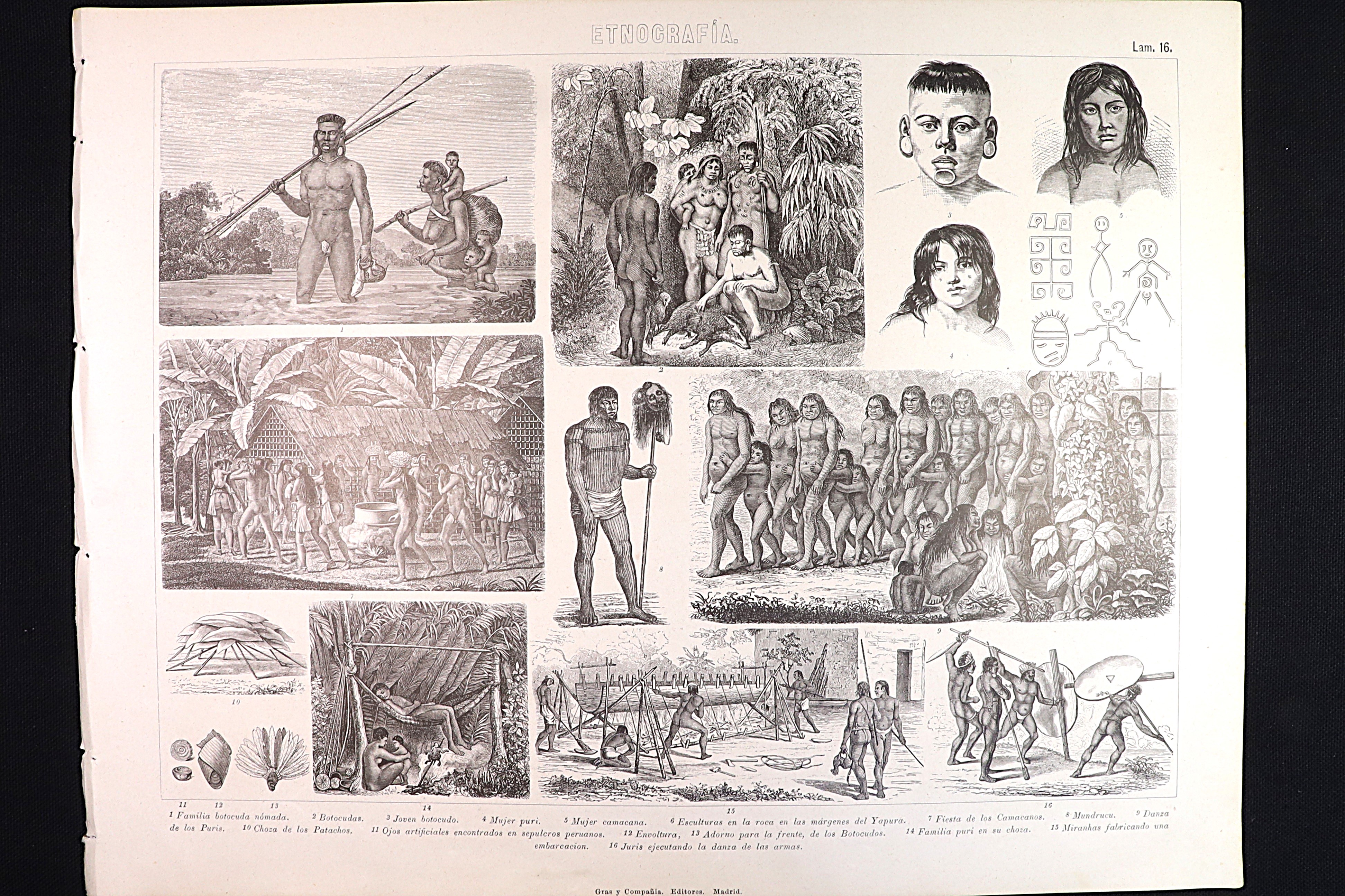 Antiques of ethnography print 16 indigenous tribes botocudos camacanes puris yuri brazil