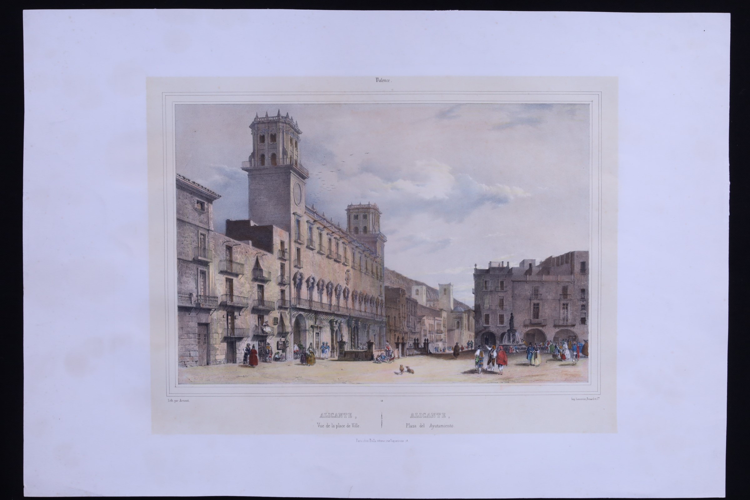 Antiques - ENGRAVING LITHOGRAPH. SQUARE OF THE TOWN HALL OF ALICANTE. COLOUR. LEMERCIER.
