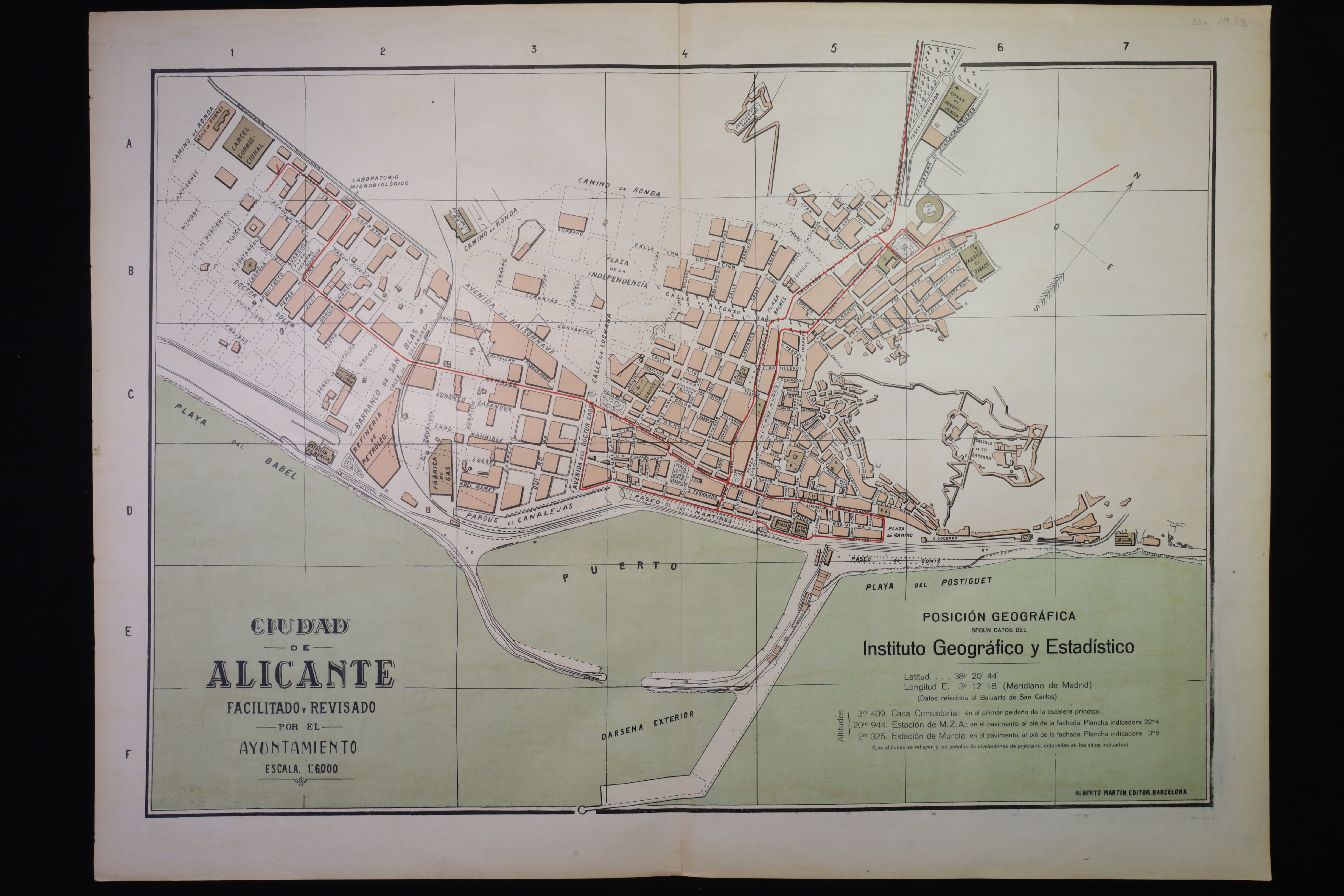 Antiguedades - GRABADO. PLANO CIUDAD DE ALICANTE. ALBERTO MARTÍN. 1913. (T)