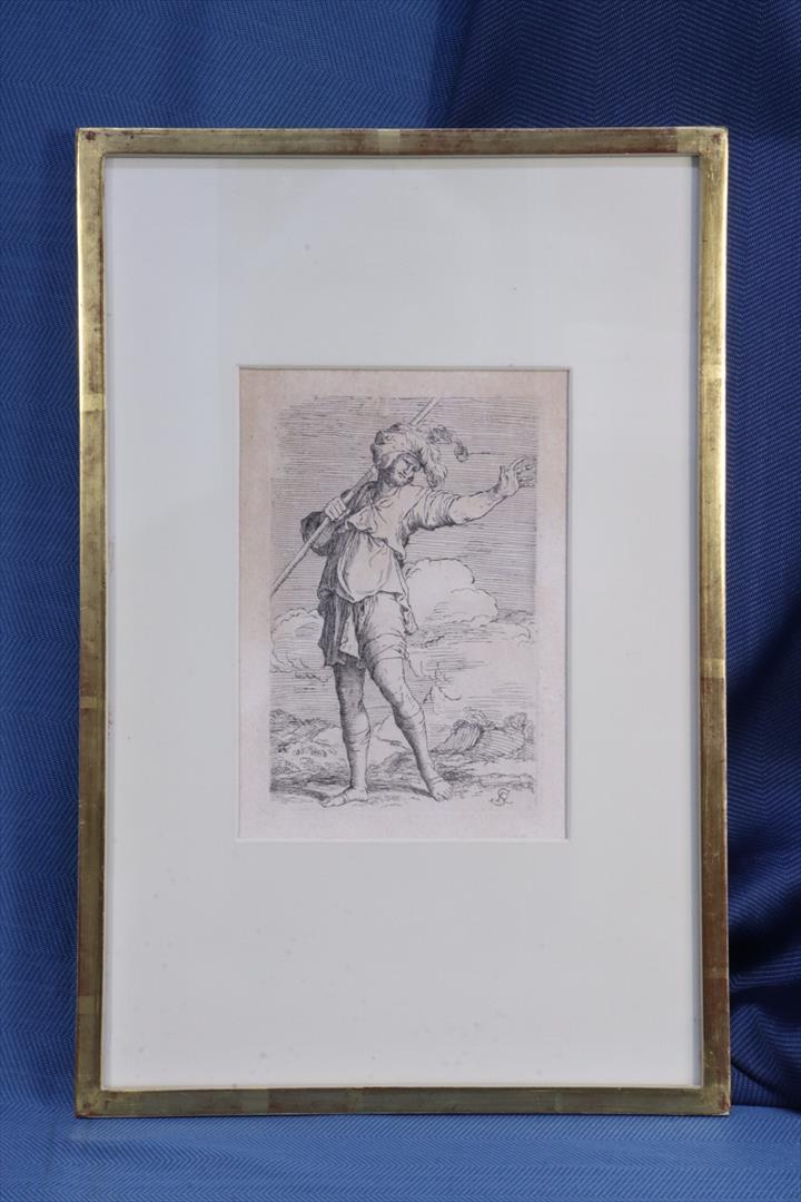 Antiguedades - GRABADO SERIE FIGURINES. PERSONAJE SALUDANDO CON VARA. SALVATOR ROSA. (T)