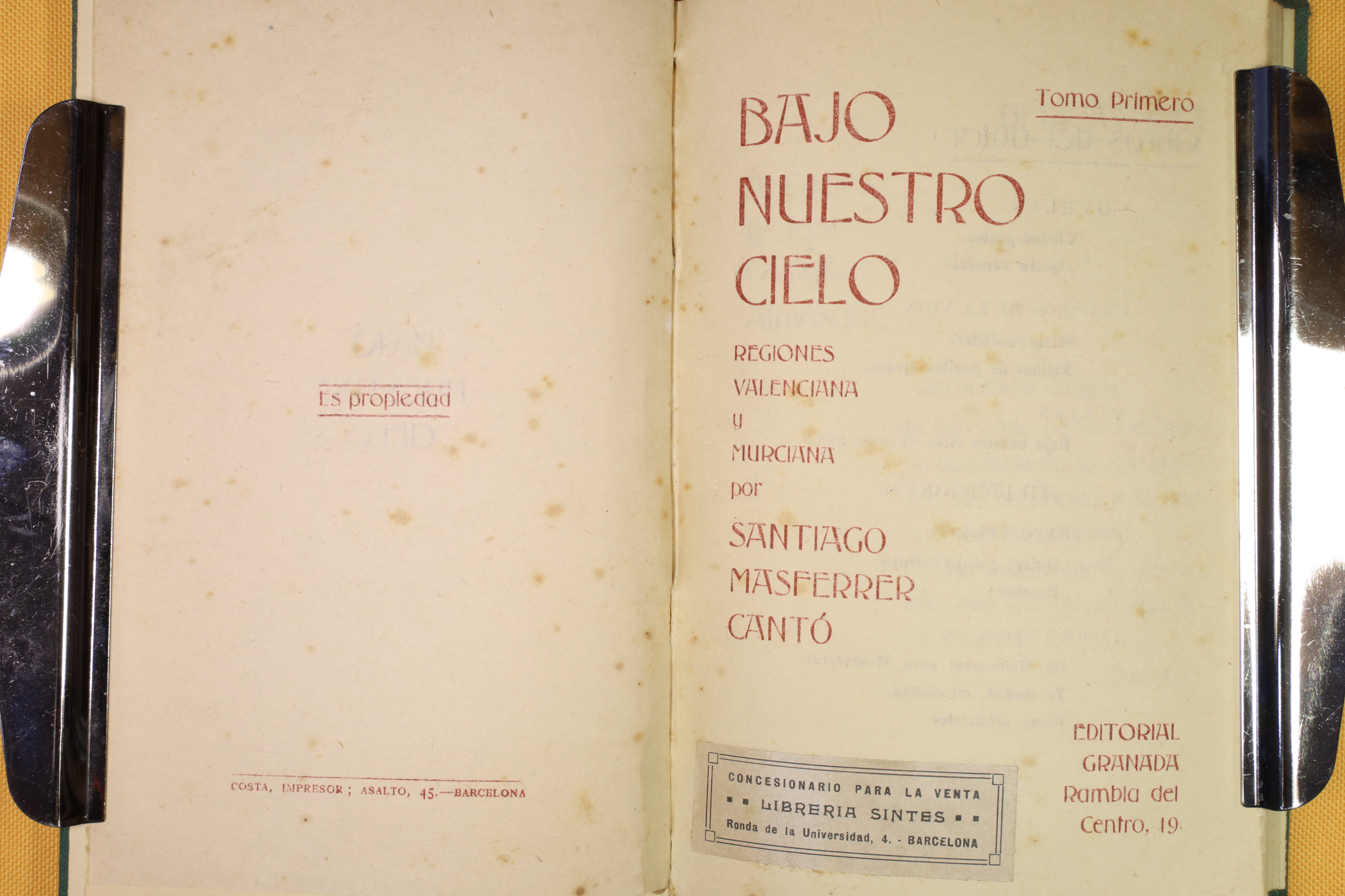 Antiguedades - LIBRO BAJO NUESTRO CIELO. SANTIAGO MASFERRER. 1920