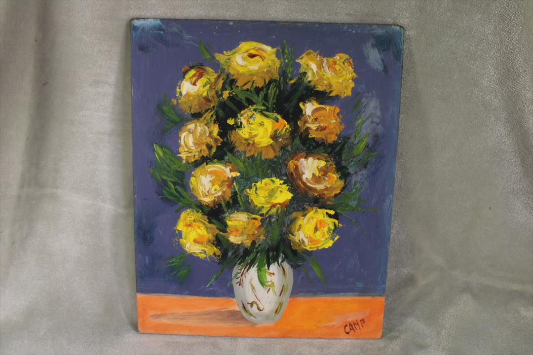 Antiguedades - ÓLEO FLORERO ROSAS AMARILLAS Y BLANCAS. 8 (T)