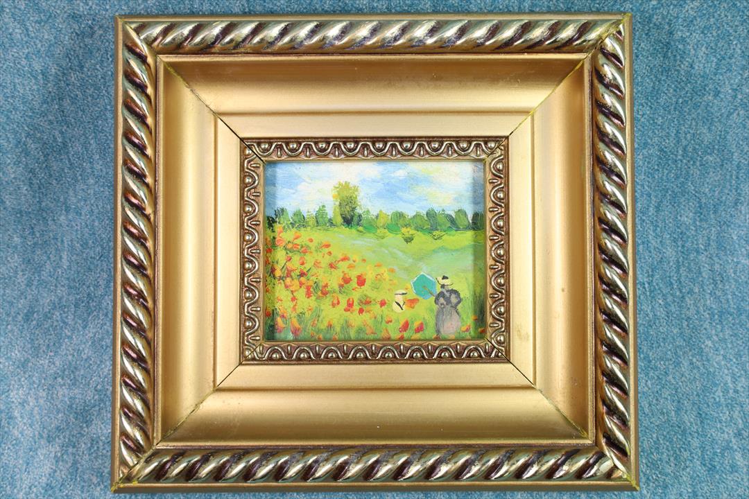 Antiguedades - ÓLEO MINIATURA MUJER CON SOMBRILLA EN EL CAMPO. ENMARCADA. (T)
