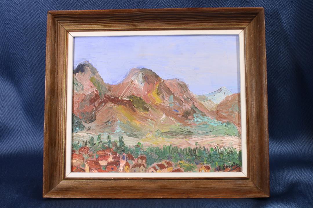 Antiguedades - ÓLEO PUEBLO CON MONTAÑAS. FIRMADO J. ESCOTO. S.XX (T)