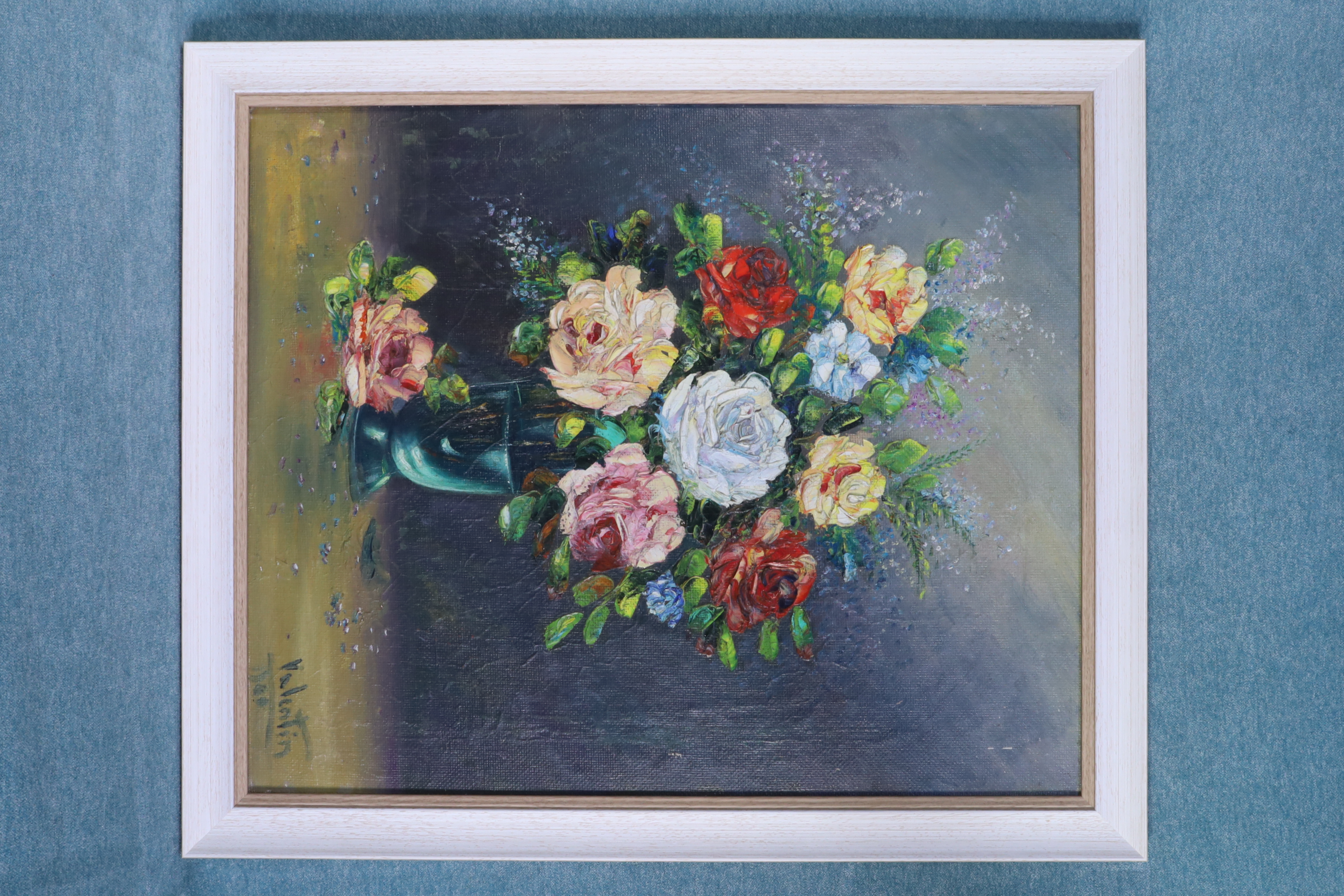 Antiques of oil painting bouquet of flowers with vase signed valentine 1959