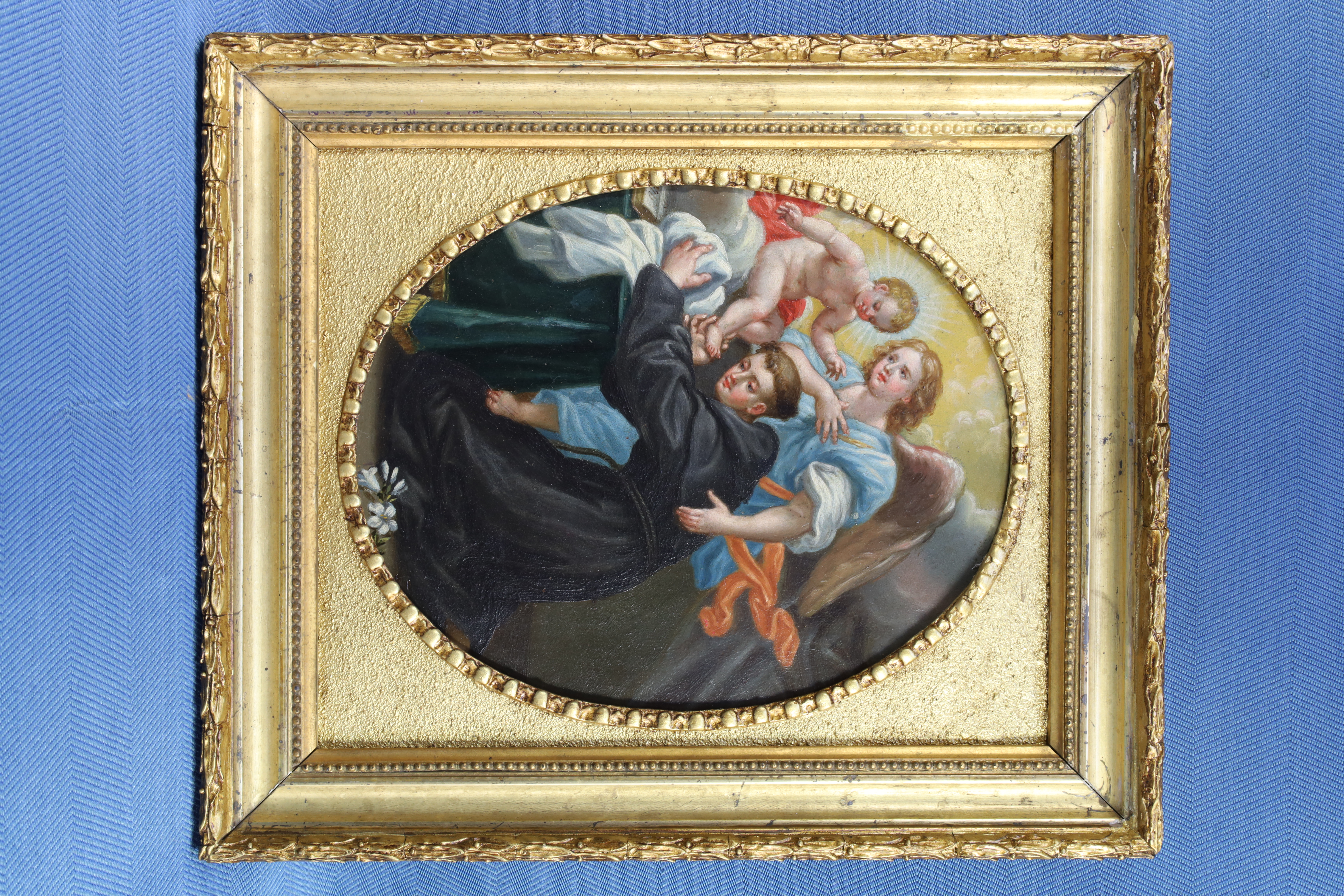 Antiguedades - ÓLEO SOBRE CARTÓN. SAN ANTONIO CON EL NIÑO JESÚS Y ÁNGEL. S.XIX