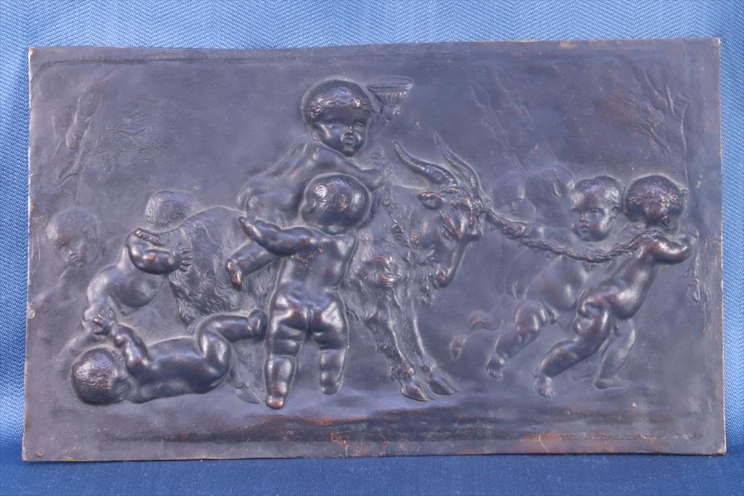 Antiguedades - PLACA COBRE CLODIÓN. CABRA CON NIÑOS. BRONCE. (T)