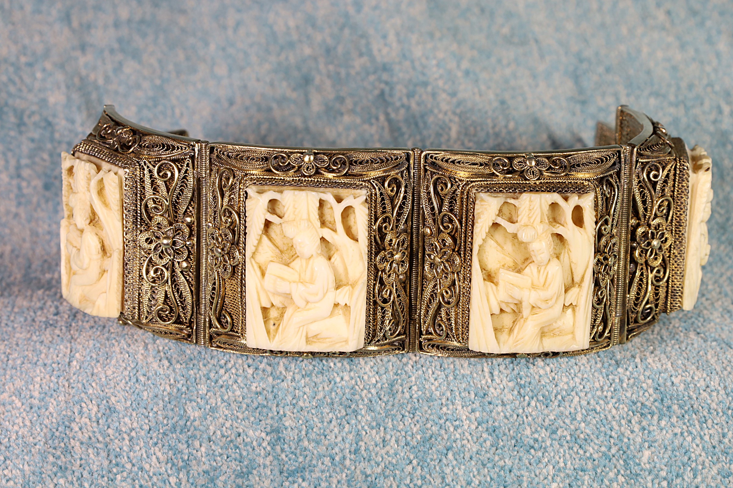 Antiques of filigree silver and carved bone bracelet asian 20th century