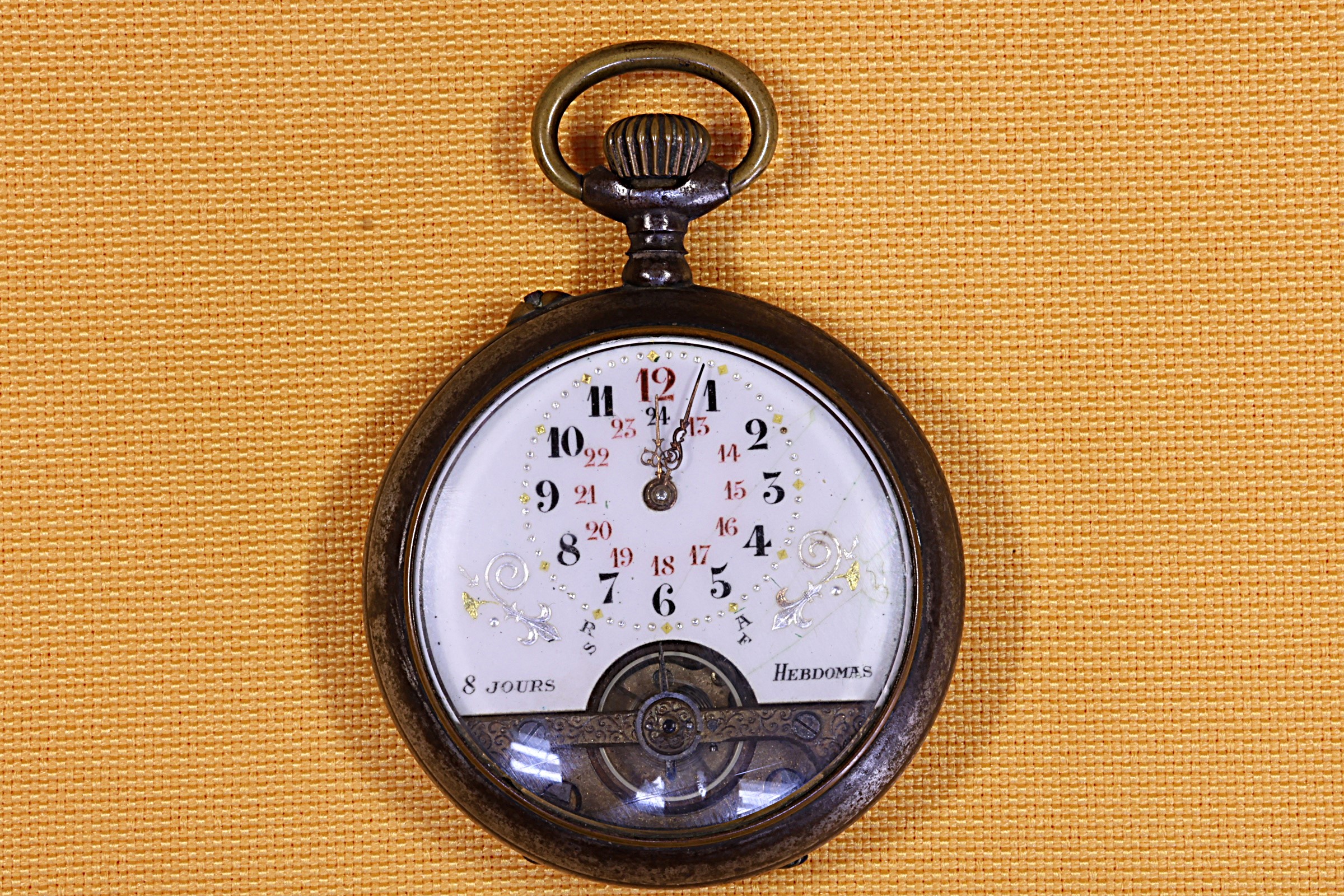 Antiques of hebdomas pocket watch blued case white enamel dial