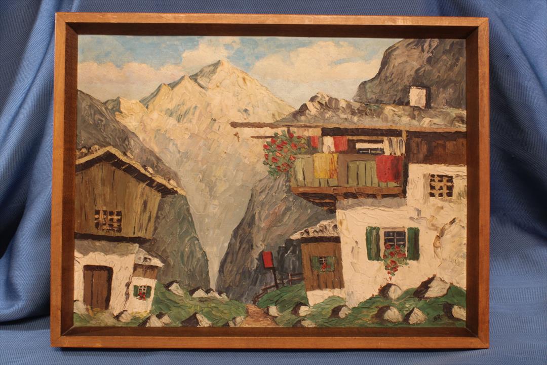Antiguedades - ÓLEO SOBRE CARTÓN. CASAS MONTAÑAS. BR. FRITZ SIEPER. (T)