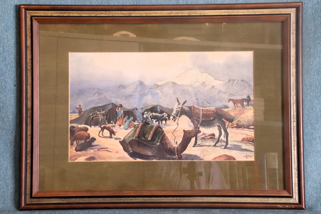 Antiques - AQUARELA. PAYSAGE ARABE DANS LE DÉSERT. SIGNÉ (T)