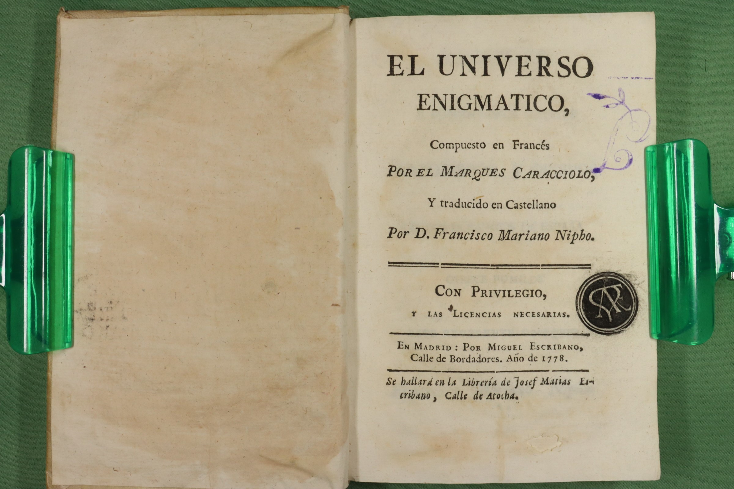 Antiques - BOOK THE ENIGMATIC UNIVERSE. CARACCIOLO. PERGAMINO. 1778 (T)