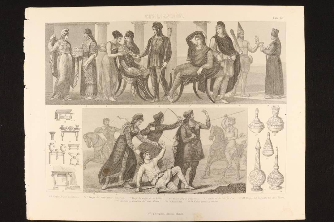 Antiques - CIVILIZATION ENGRAVING LAMINA 23 GRAS AND Cª FRISIAN CLOTHES, ISLAND OF COS AND LIDIA. (T)