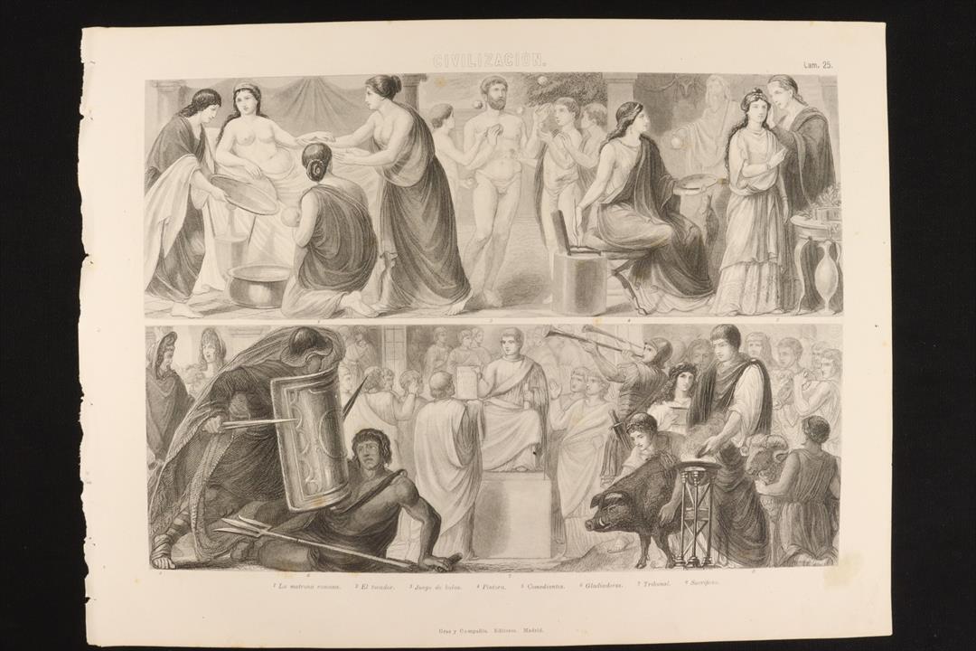 Antiques - CIVILIZATION ENGRAVING LAMINA 25 GRAS AND Cª. SET OF BALLS AND GLADIATORS. (T)