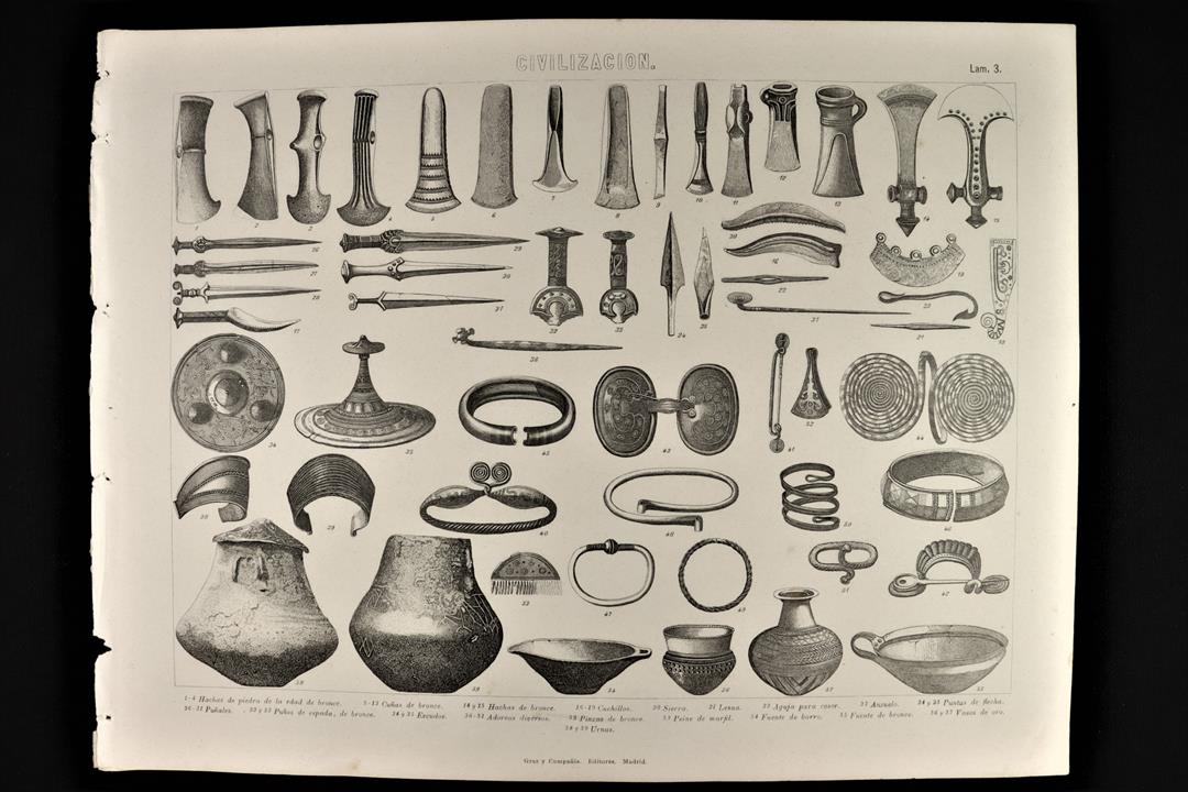 Antiques - ENGRAVED CIVILISATION PLATE 3 GRAS & Cª. BRONZE AGE. COMBS, DAGGERS, HOOKS, ETC. (T)