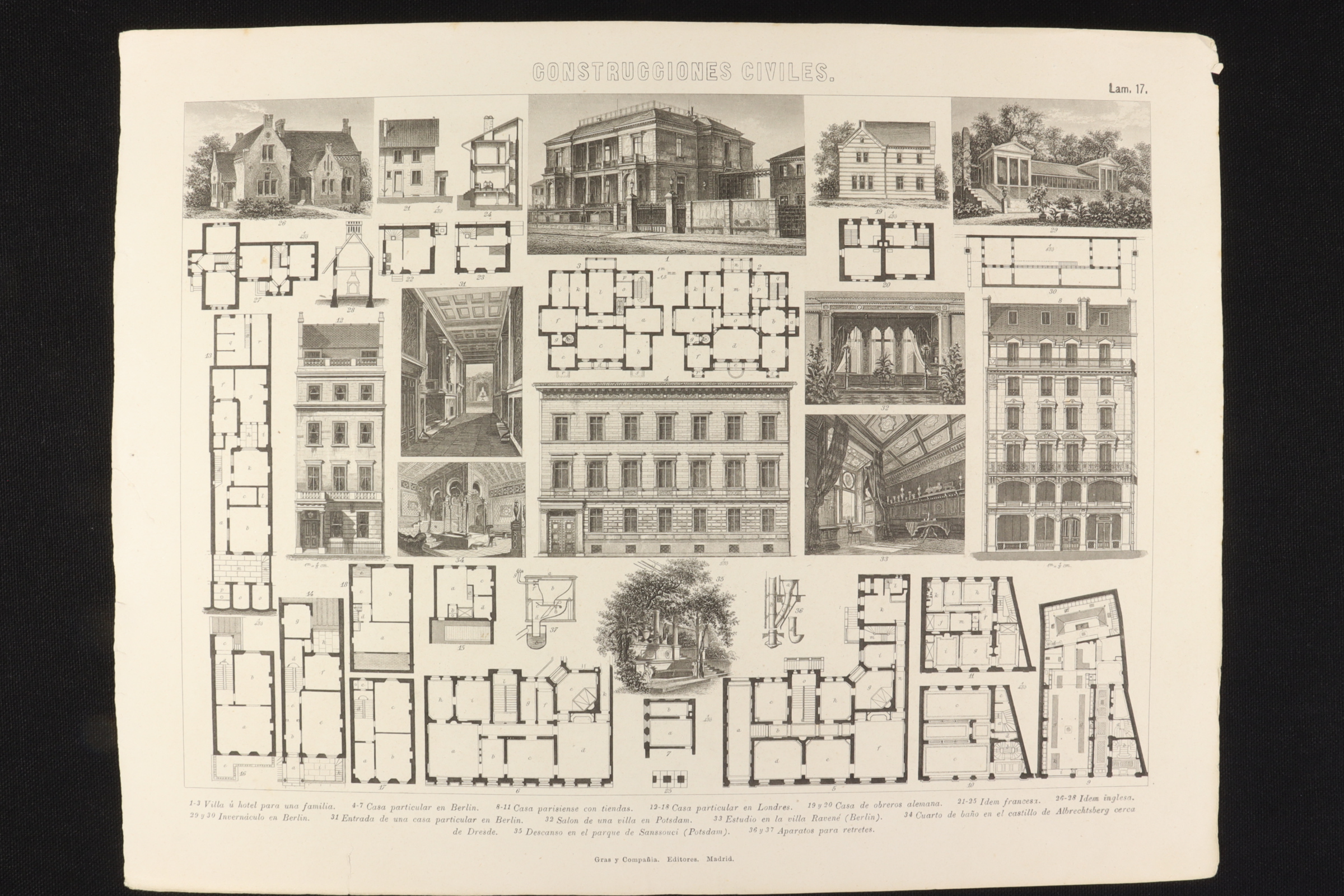 Antiques - ENGRAVING CIVIL CONSTRUCTIONS 17 GRAS & Cª. HOUSE PLANS SPAIN, FRANCE, ENGLAND, ETC. (T)