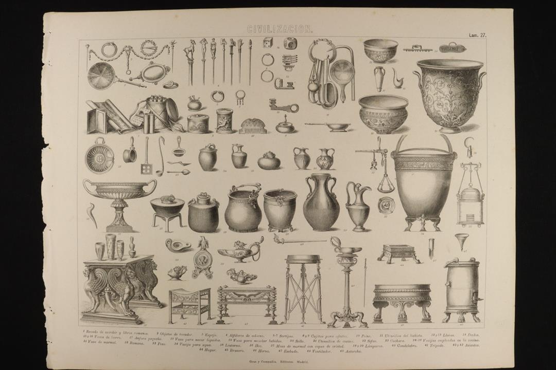 Antiques - ENGRAVING CIVILISATION 27 GRAS Y Cª. ROMAN UTENSILS AND TOOLS. (T)