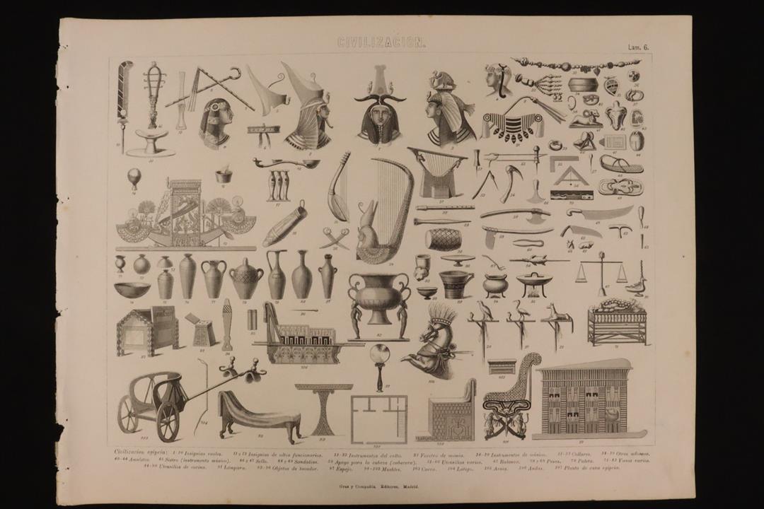 Antiques - ENGRAVING CIVILISATION PLATE 6 GRAS & Cª EGYPTIAN UTENSILS. AMULETS, VESSELS, ETC. (T)