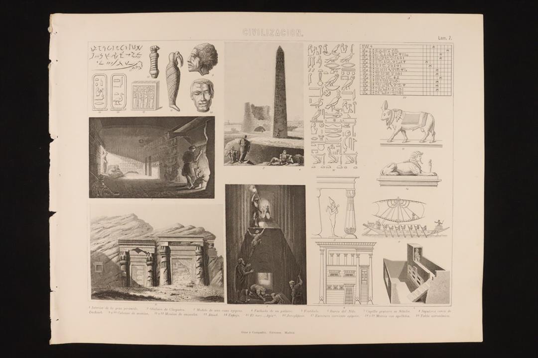 Antiques - ENGRAVING CIVILISATION PLATE 7 GRAS & Cª EGYPTIAN MONUMENTS. CLEOPATRA, NILE, SPHINX... (T)
