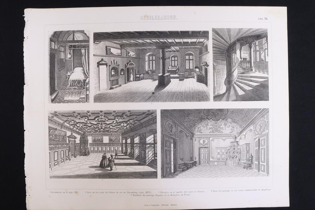 Antiques - ENGRAVING CIVILIZACIÓN 36 GRAS Cª  HOUSE S.XV, ROOMS, CASTLES, ETC. (T)