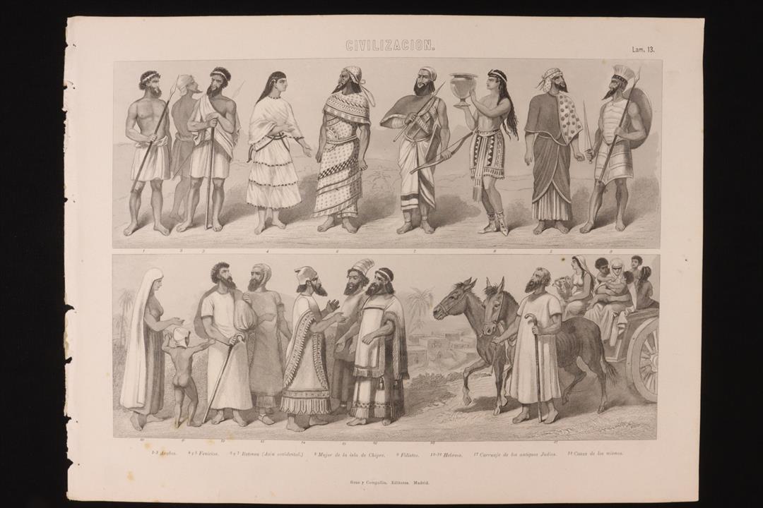 Antiques - ENGRAVING CIVILIZATION LAMINA 13 GRAS AND ARABIC, PHOENICIANS, HEBREWS, PHILISTINE, ETC. (T)