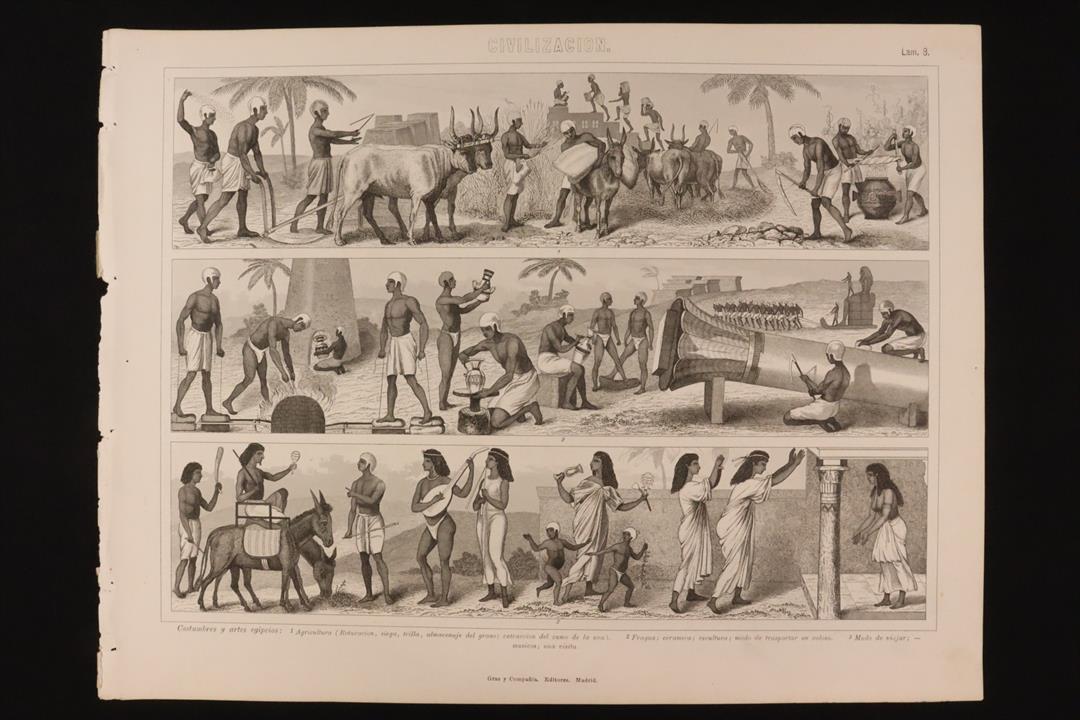 Antiques - ENGRAVING CIVILIZATION PLATE 8 GRAS AND Cª. EGYPTIAN CUSTOMS, FRAGUA, AGRICULTURE, ETC. (T)