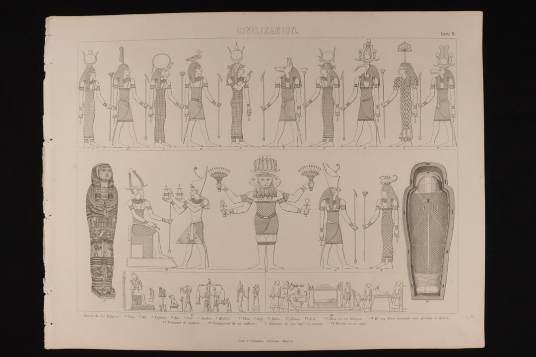Antiques - ENGRAVING CIVILIZATION PLATE 9 GRAS & Cª. EGYPTIAN GODS, ISIS, ANUBIS, HORUS, ETC. (T)