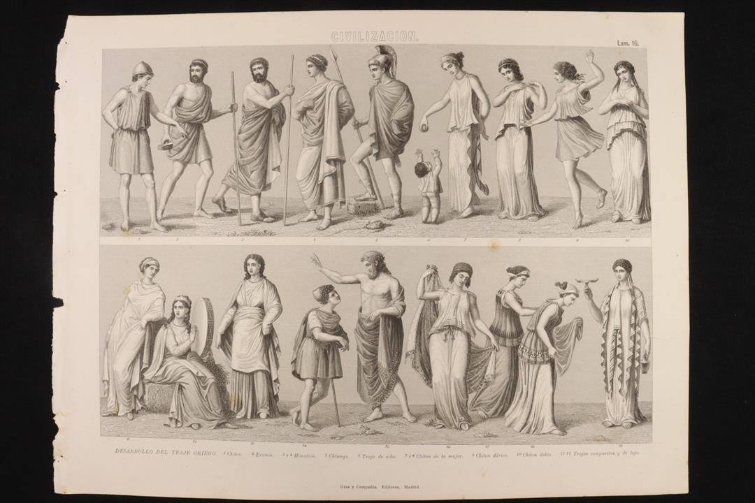 Antiques - ENGRAVING CIVILIZATION PLATE 16 GRAS & Cª. GREEK CLOTHING EVOLUTION. CHITON. (T)