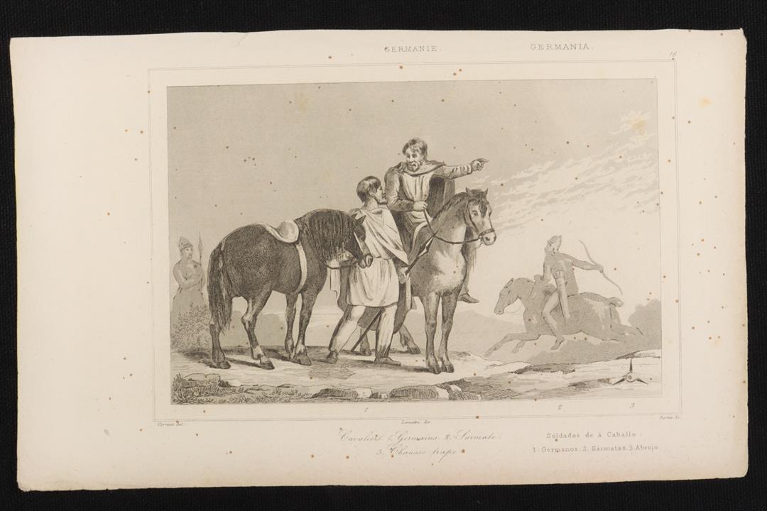 Antiques - ENGRAVING SOLDIERS ON HORSE. GERMANS, SARMATAS AND ABROJO. (T)