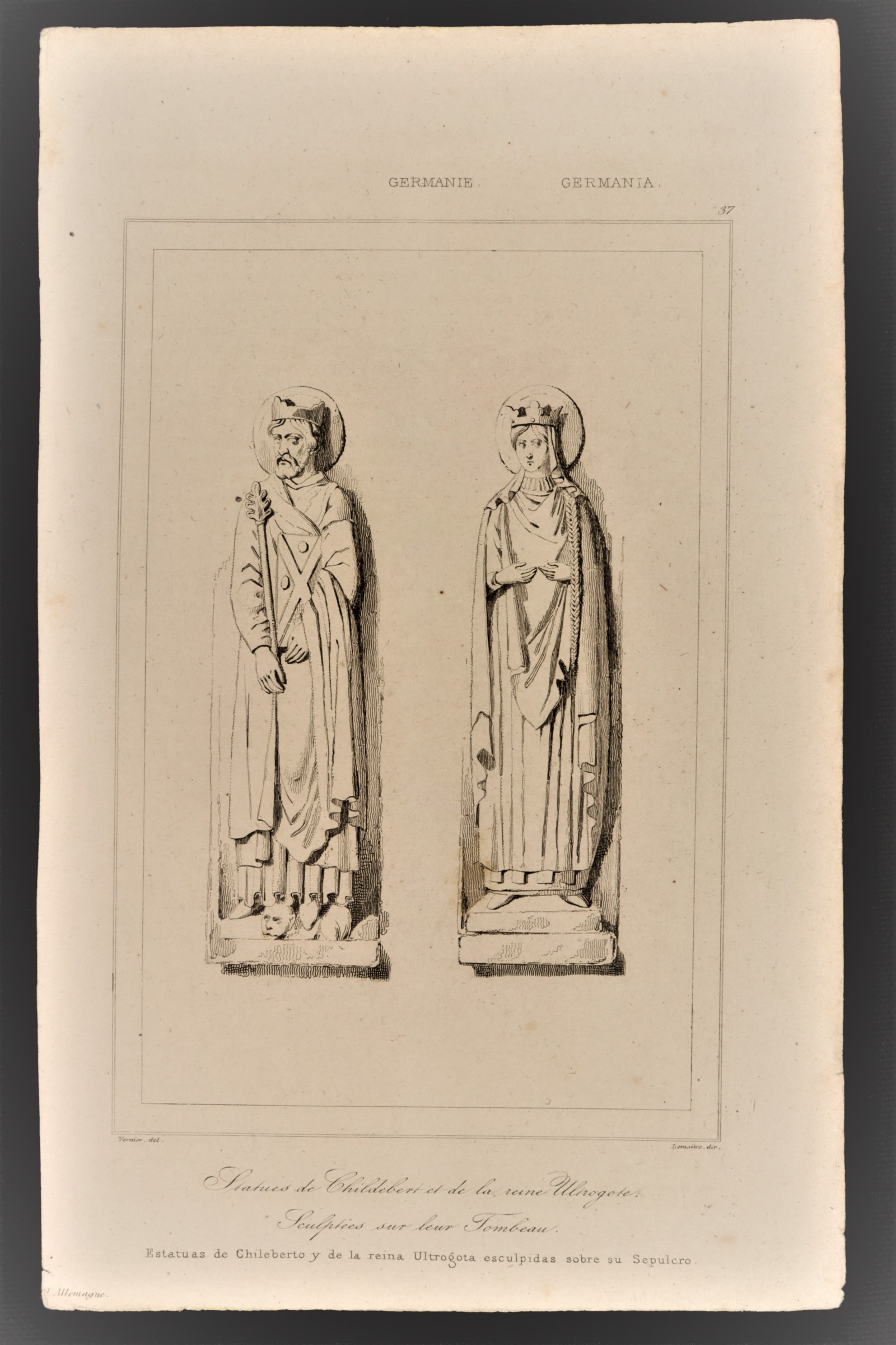 Antiques - ENGRAVING STATUES KING CHILEBERTO AND QUEEN ULTROGOTA. (T)